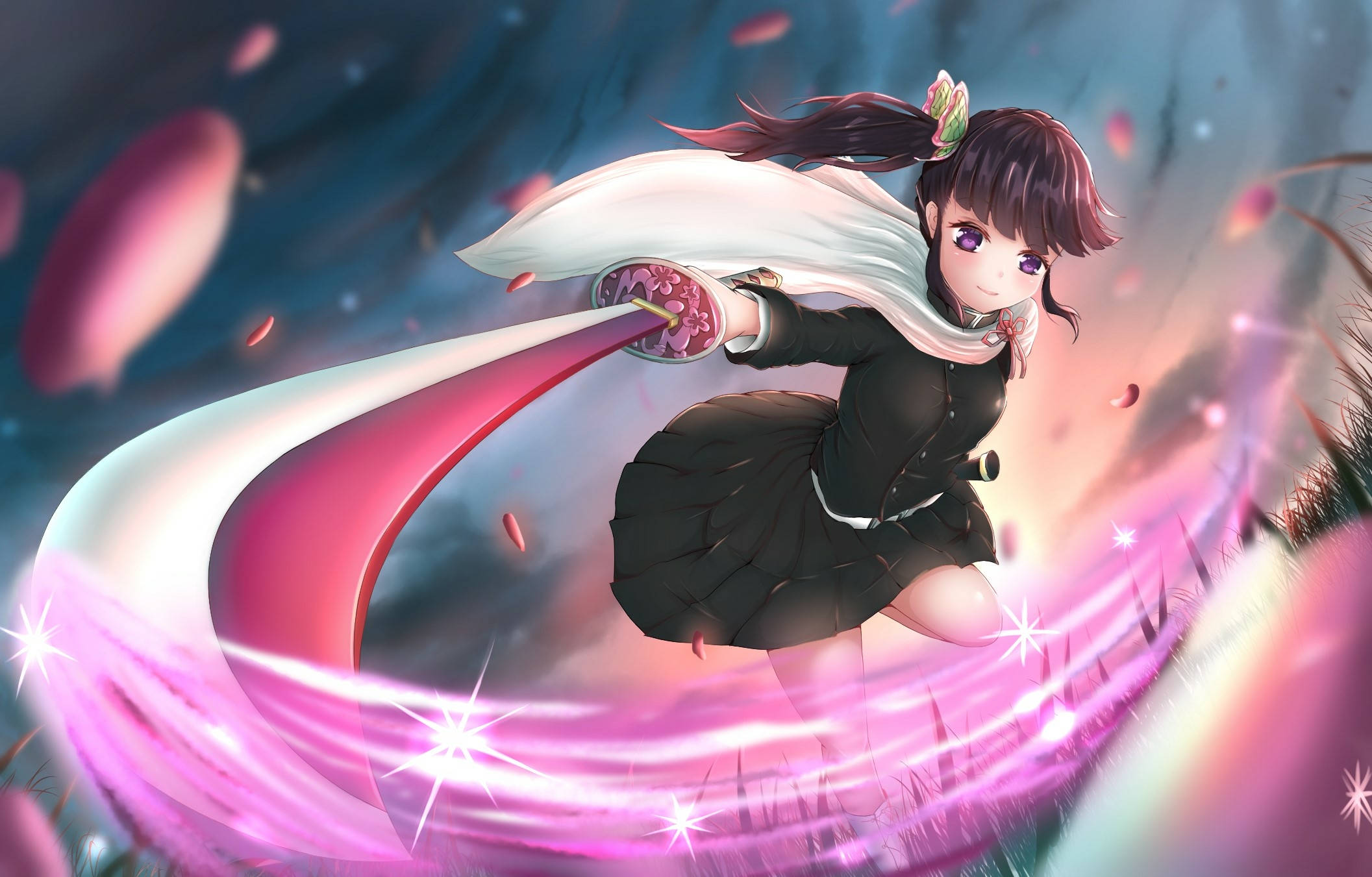 Kanao Tsuyuri, purple eyes, glowing pink sword, Full HD Desktop Wallpaper