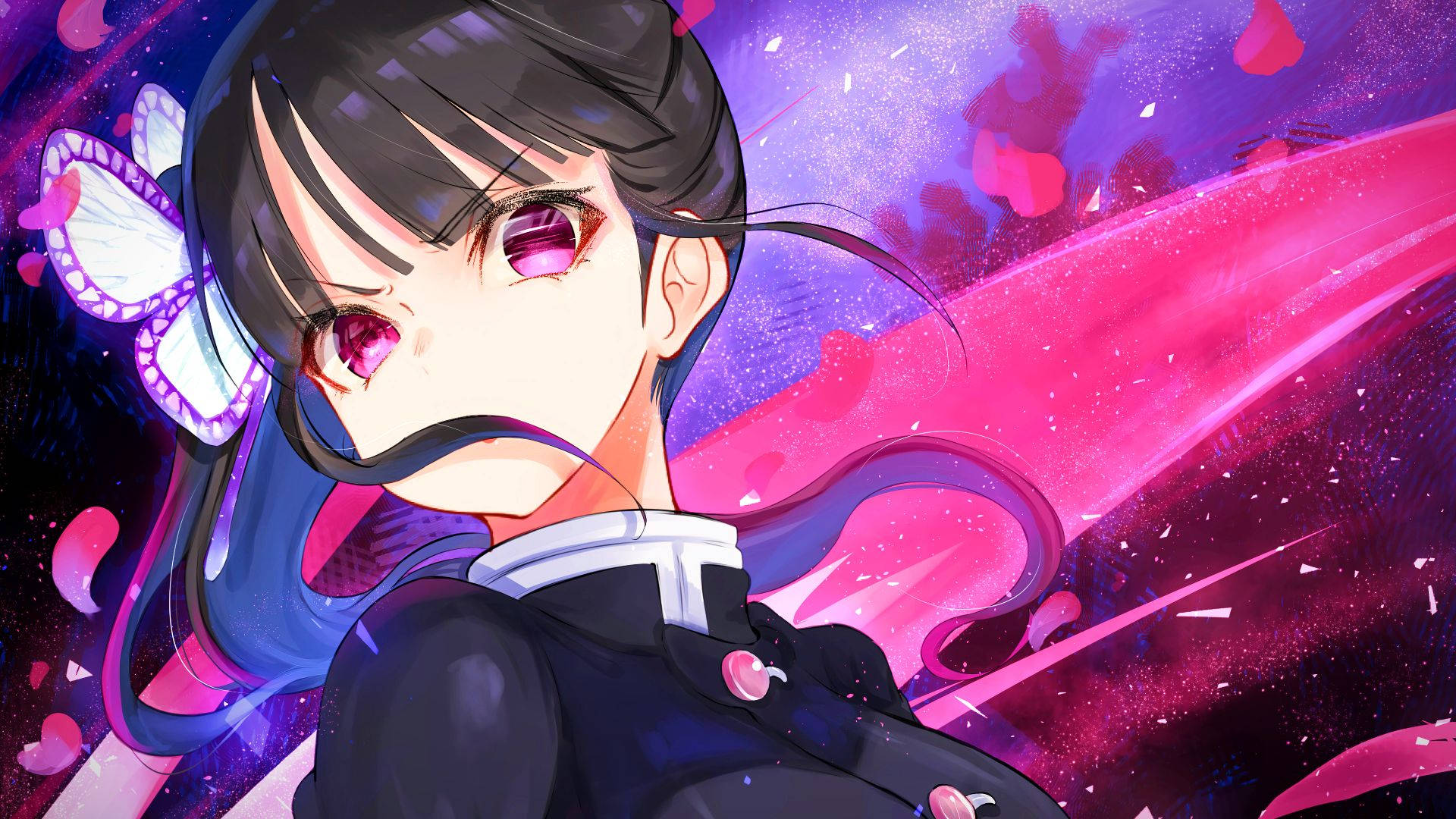 Kanao Tsuyuri, pink eyes, butterfly hair accessory, Full HD Desktop Wallpaper