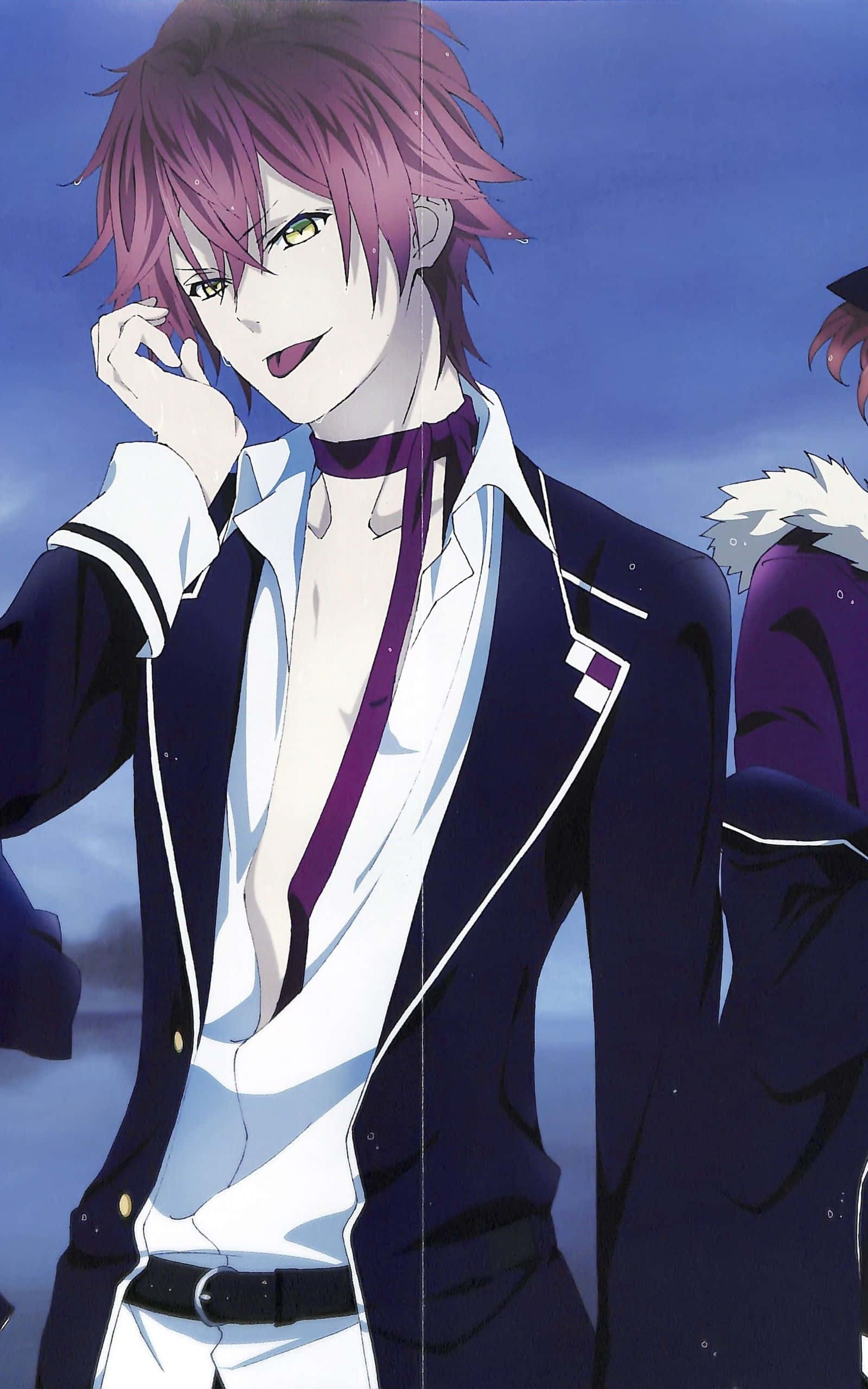 Kanato Sakamaki, spiky purple hair, yellow eyes, 2K Phone Wallpaper