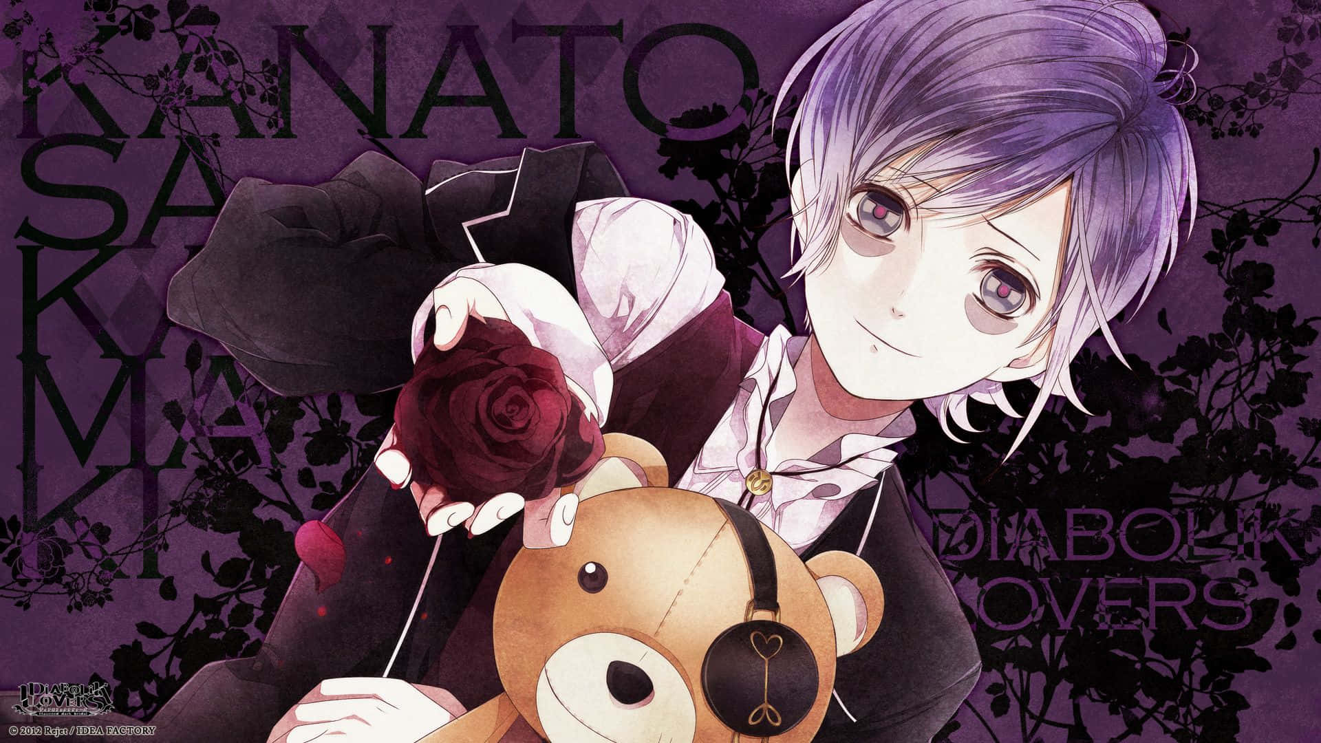 Kanato Sakamaki, purple-haired anime boy, red rose, Full HD Desktop Wallpaper