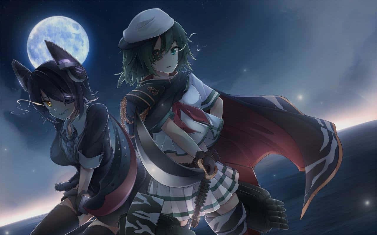 KanColle, anime girls with cat ears, full moon, HD Desktop Wallpaper