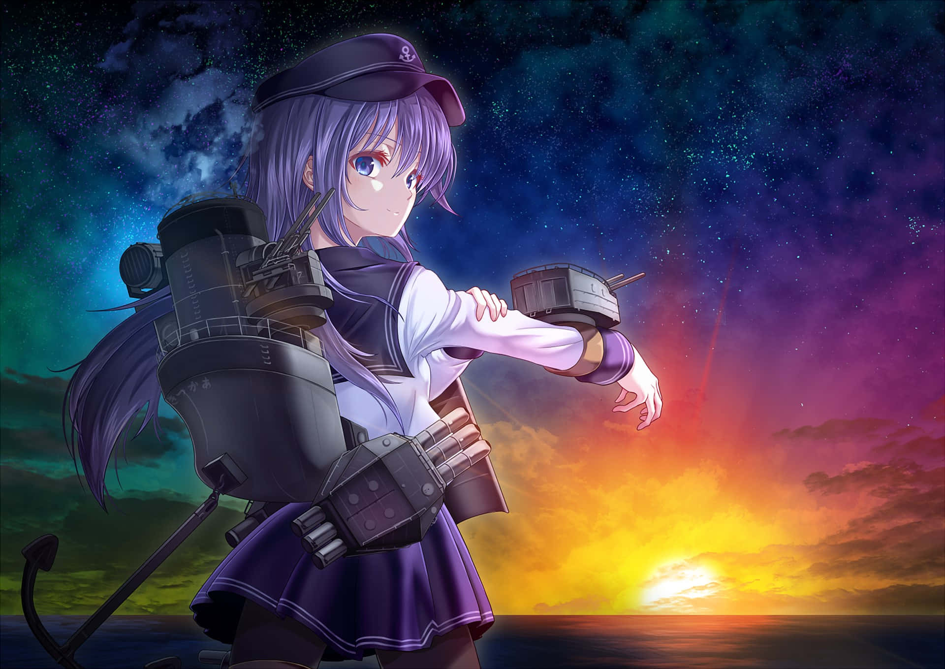 Kancolle, purple-haired anime girl, sailor uniform, Full HD Desktop Wallpaper
