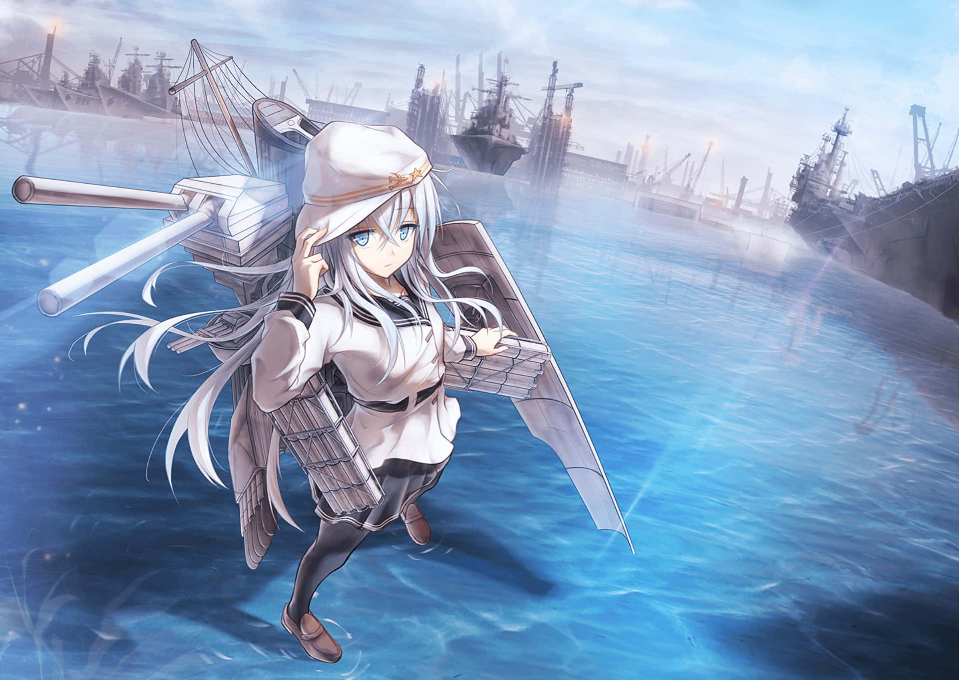 KanColle, silver-haired anime girl, ship parts as wings, Full HD Desktop Wallpaper