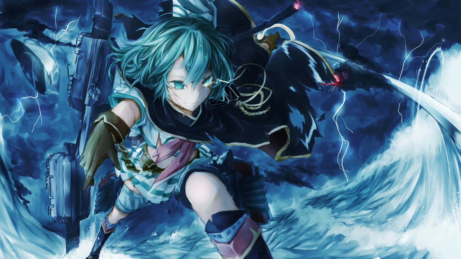 Kancolle, teal-haired anime girl, glowing sword, Full HD Desktop Wallpaper