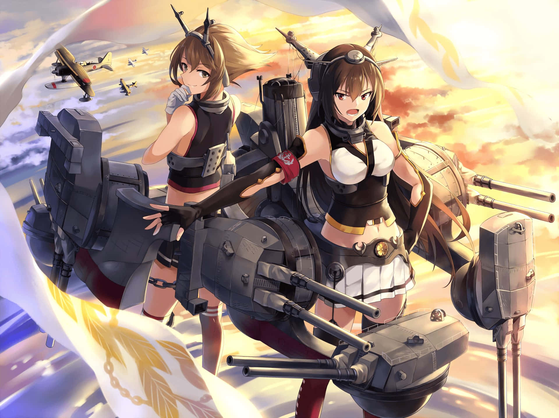 Kancolle, anime-style female warship characters, naval guns, Full HD Desktop Wallpaper