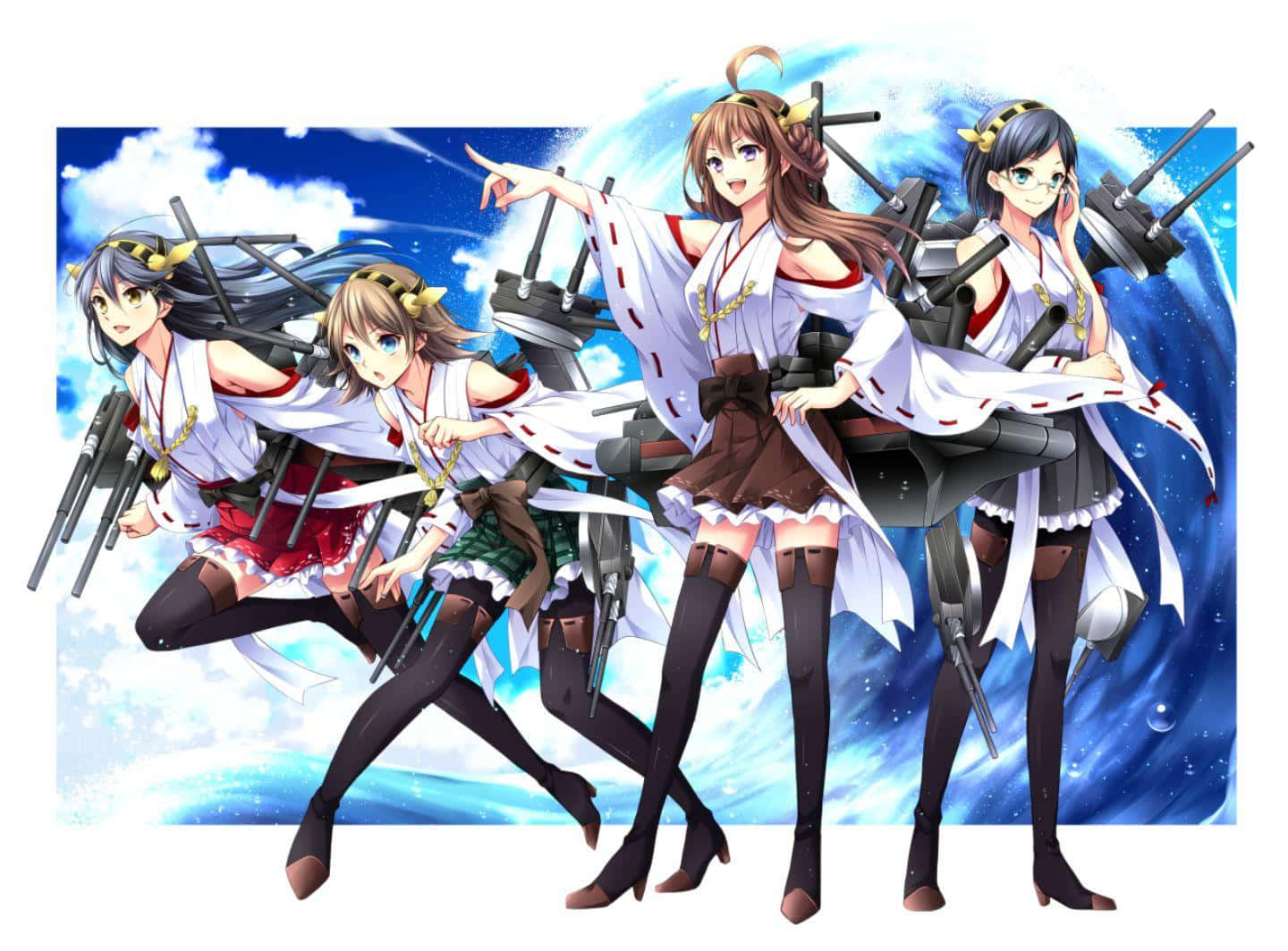 Kancolle, shrine maiden outfits, naval guns, HD Desktop Wallpaper