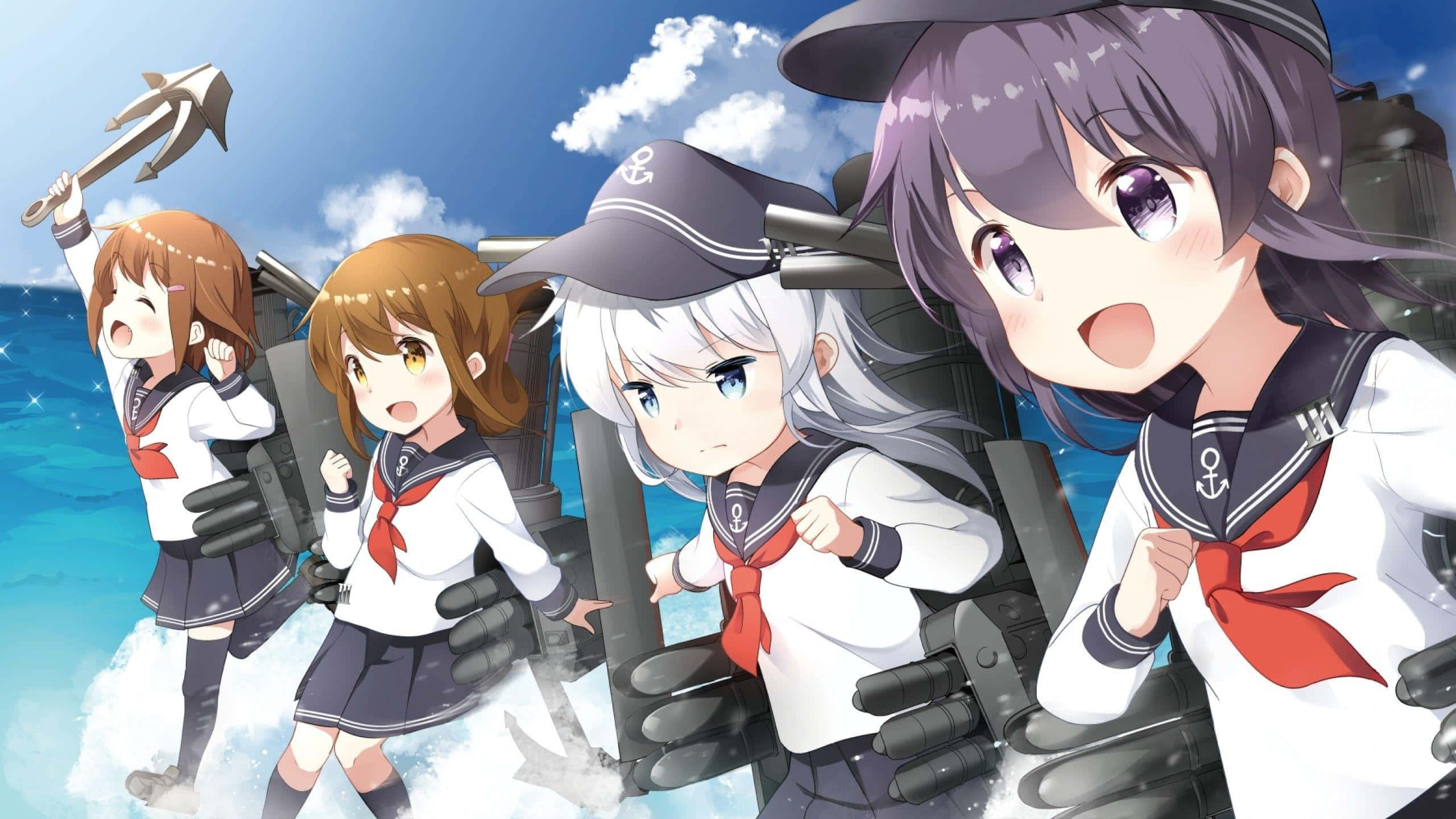 Kancolle, sailor uniforms, warship deck, 2K Desktop Wallpaper