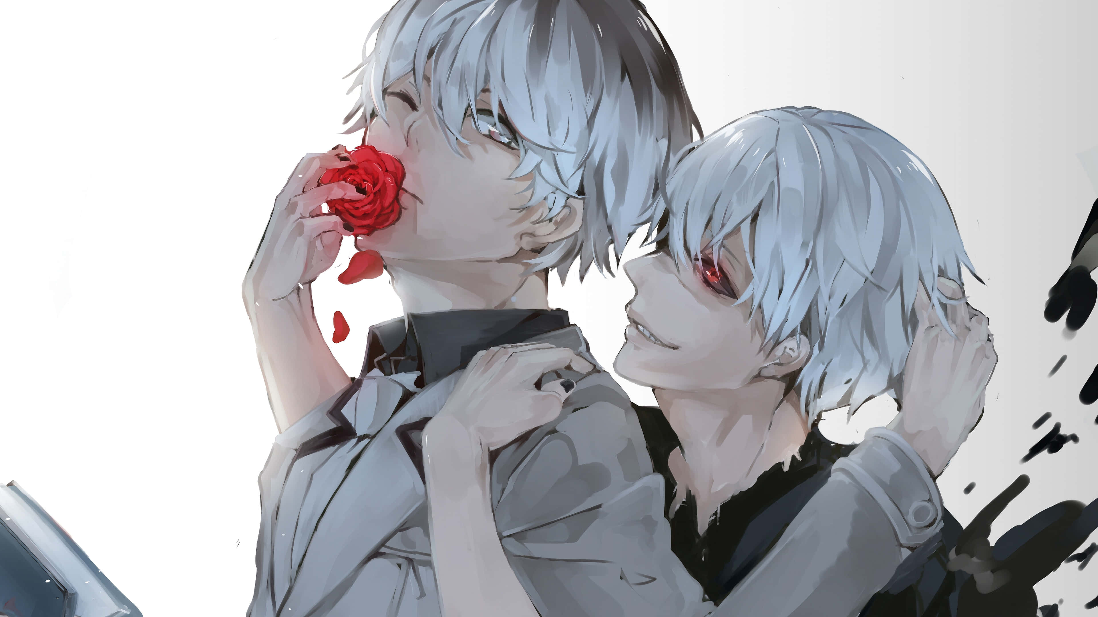 Kaneki, silver hair, red rose, 4K Desktop Wallpaper