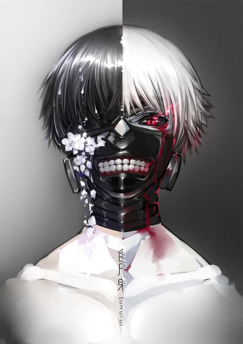 Kaneki Sad, split black and white hair, glossy black mask, SD Phone Wallpaper