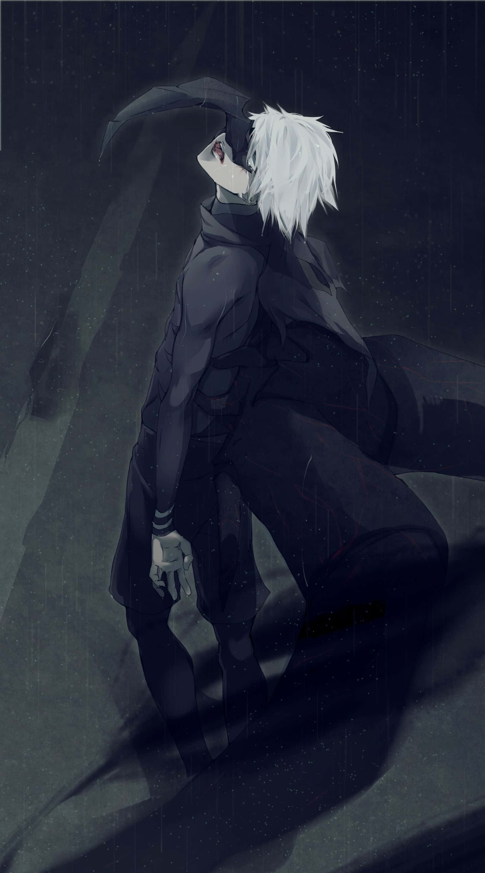 Kaneki Sad, white hair, umbrella, 2K Phone Wallpaper