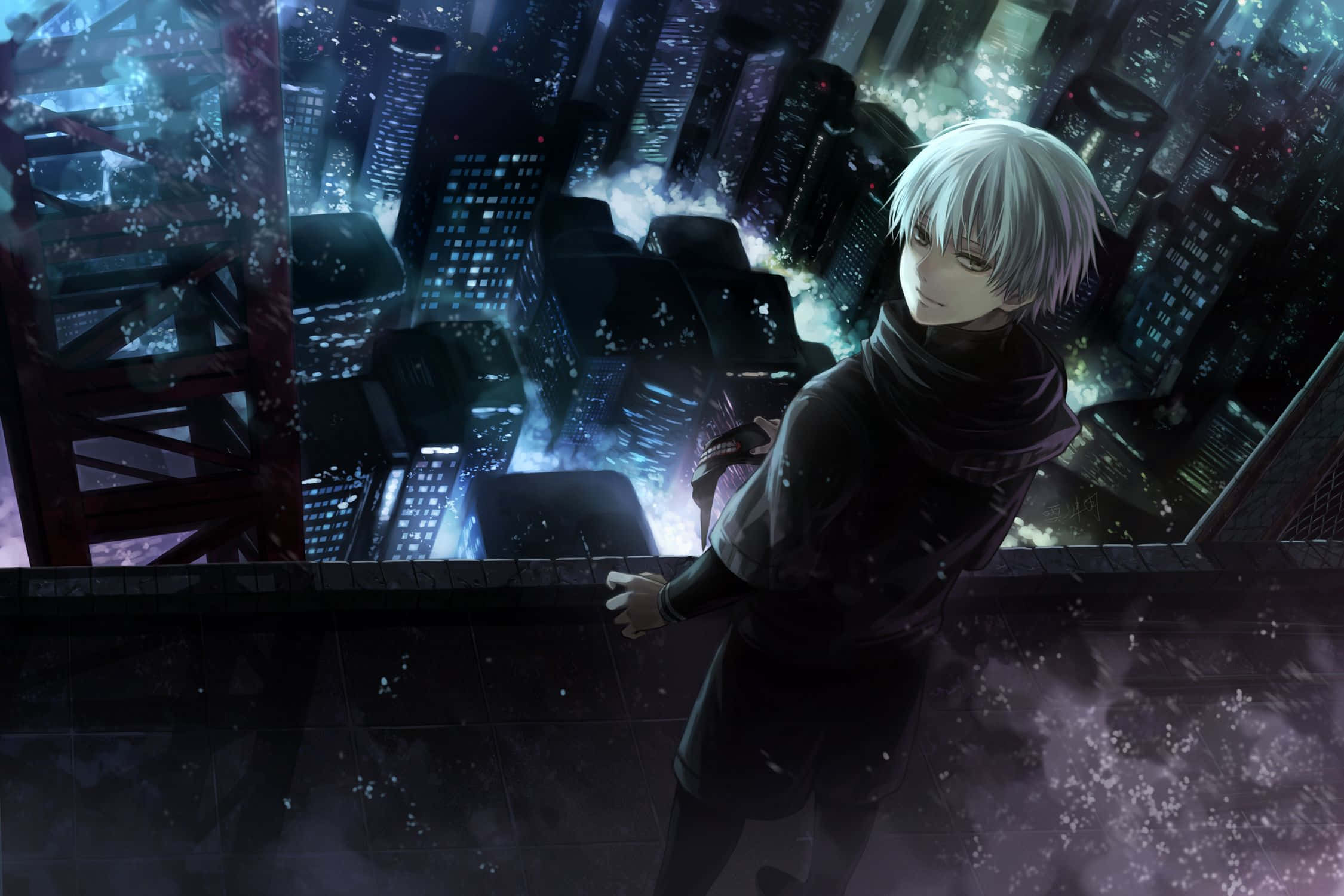 Kaneki, silver-haired anime boy, neon cityscape, Full HD Desktop Wallpaper