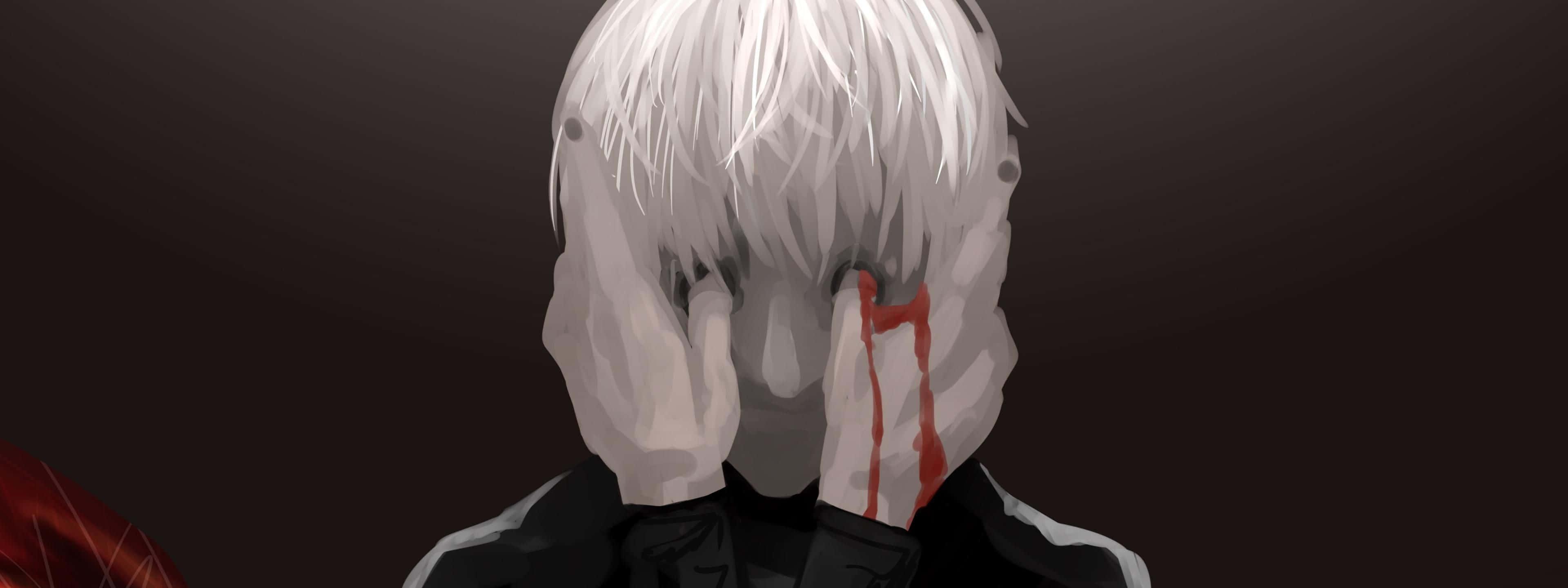 Kaneki Sad, white-haired anime character, blood streaming down their face, 4K Desktop Wallpaper