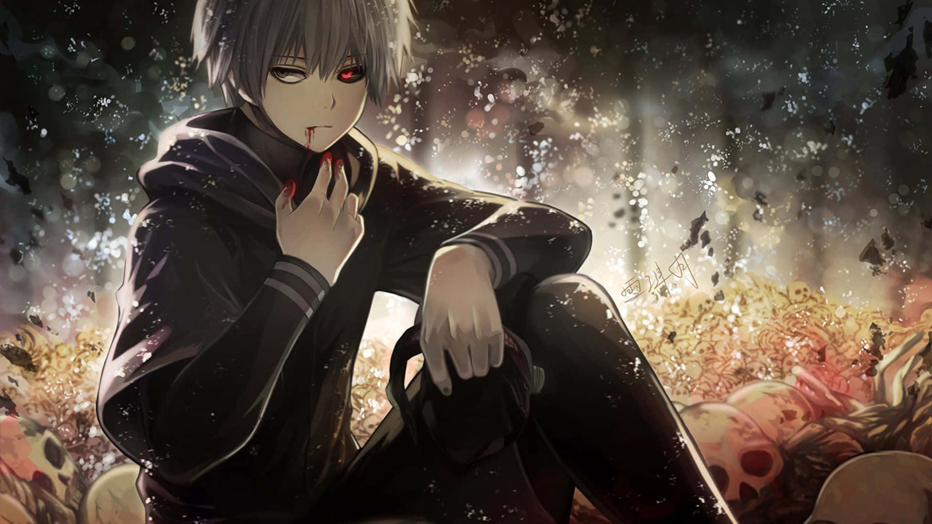 Kaneki, red eyes, blood on lips, Full HD Desktop Wallpaper