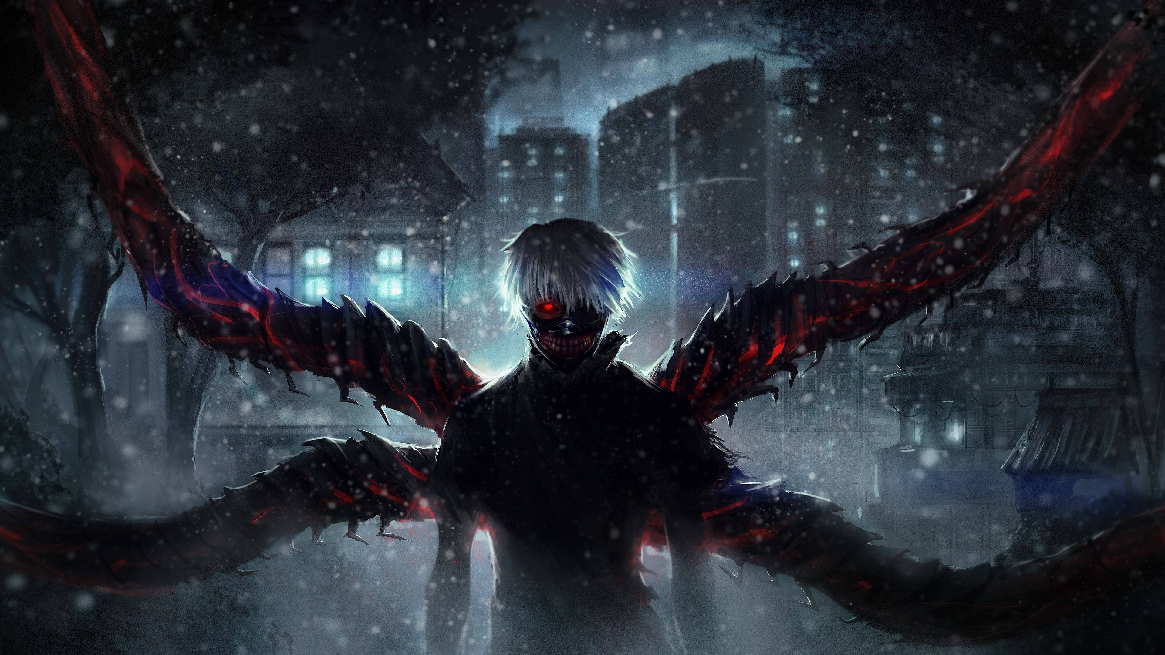 Kaneki, glowing red eyes, jagged red wings, 4K Desktop Wallpaper