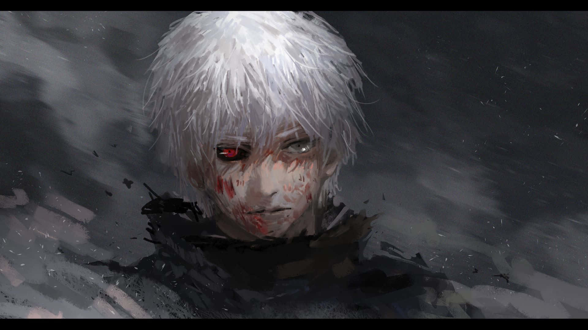 Kaneki, white-haired warrior, bloodied face, Full HD Desktop Wallpaper