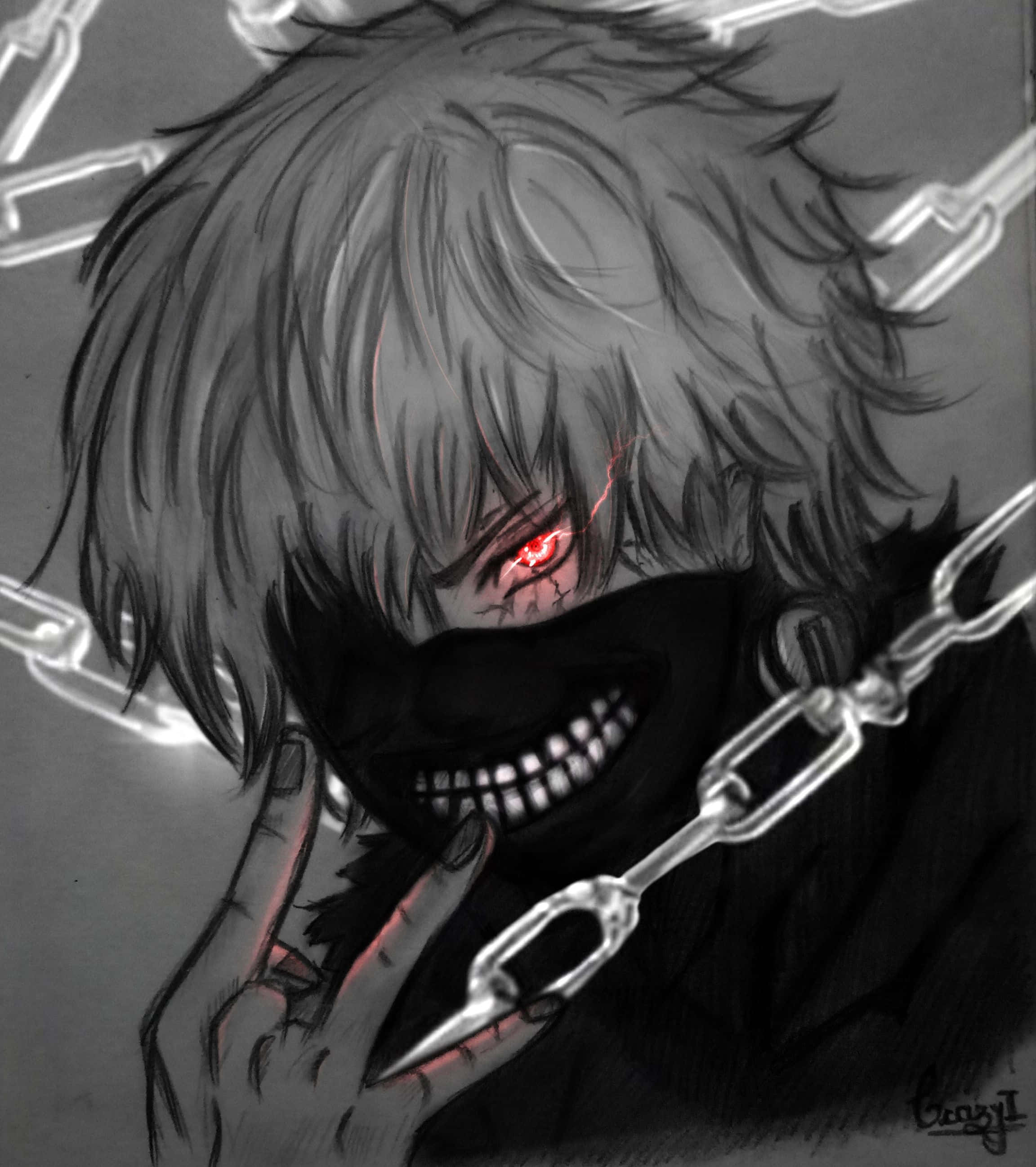 Kaneki, gray hair, glowing red eye, 2K Phone Wallpaper