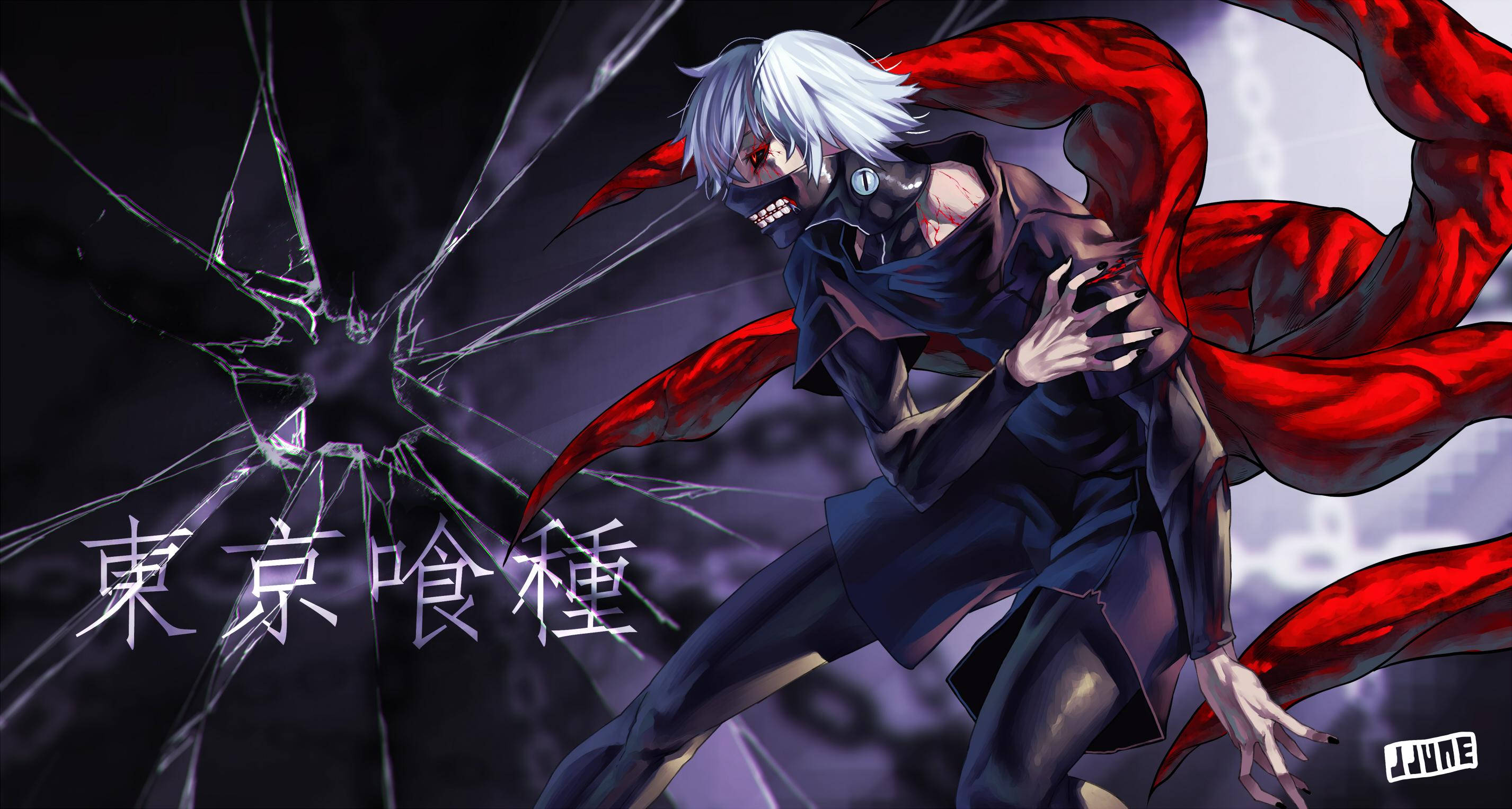 Kaneki, white-haired anime character, dark coat, 2K Desktop Wallpaper