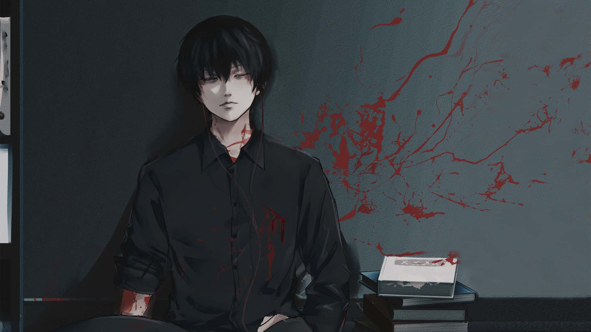 Kaneki, anime boy, blood-stained black shirt, Full HD Desktop Wallpaper