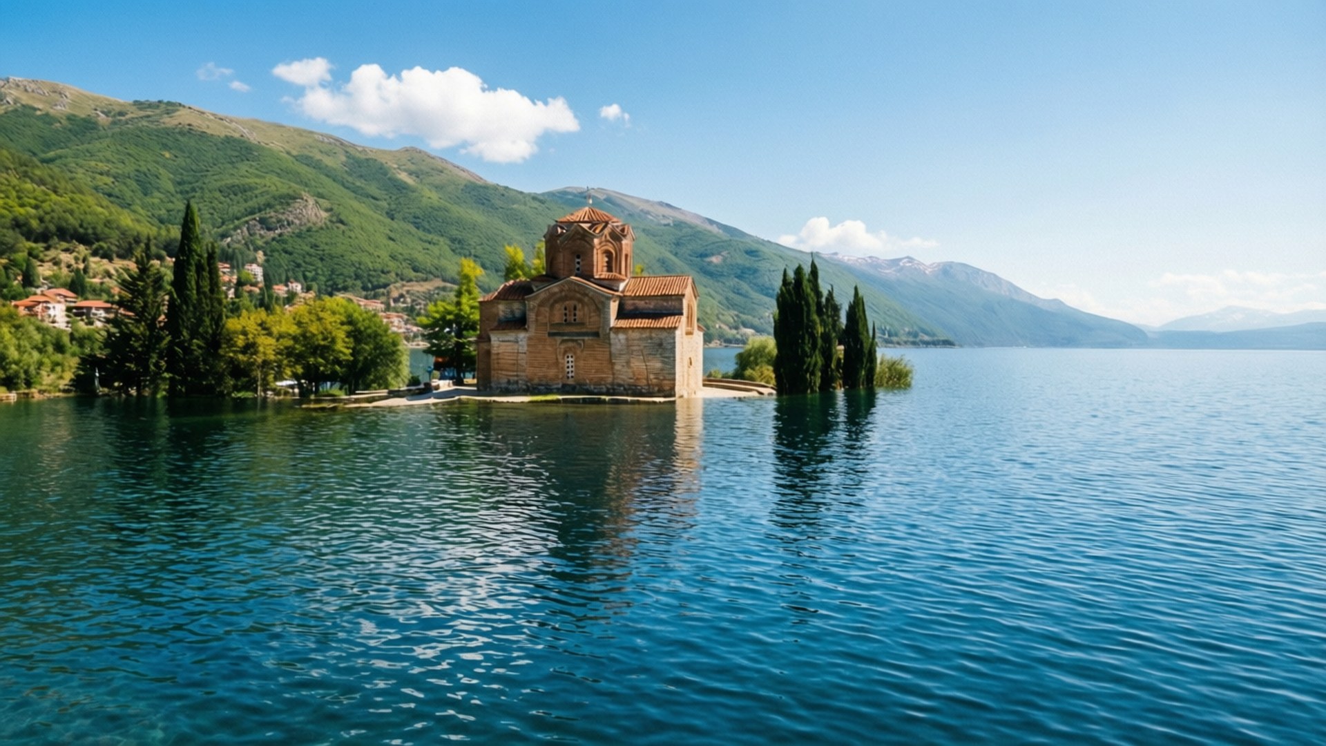 Kaneo, stone church, island, Full HD Desktop Wallpaper