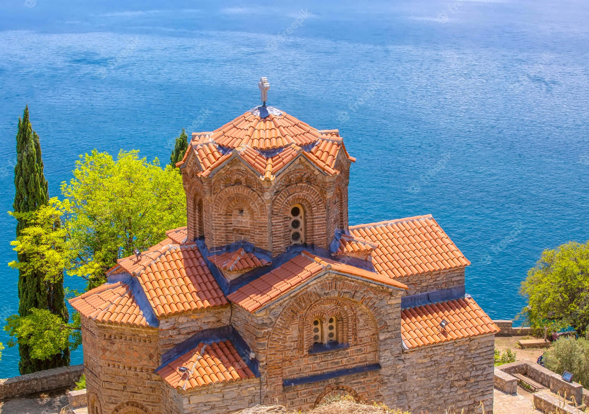 Kaneo, stone church, terracotta roofs, Full HD Desktop Wallpaper