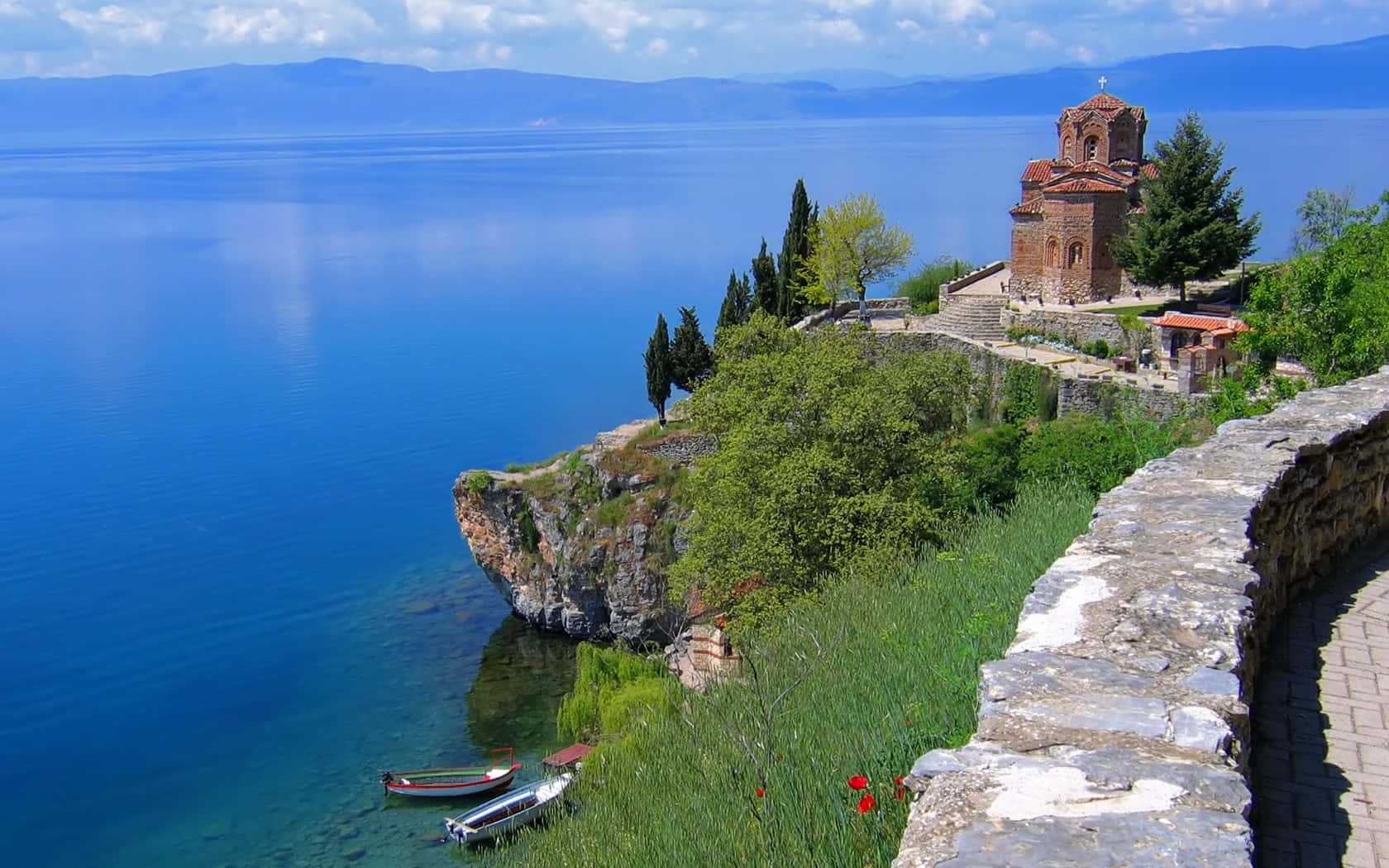 Lake Kaneo, stone church, cliffside, HD Desktop Wallpaper