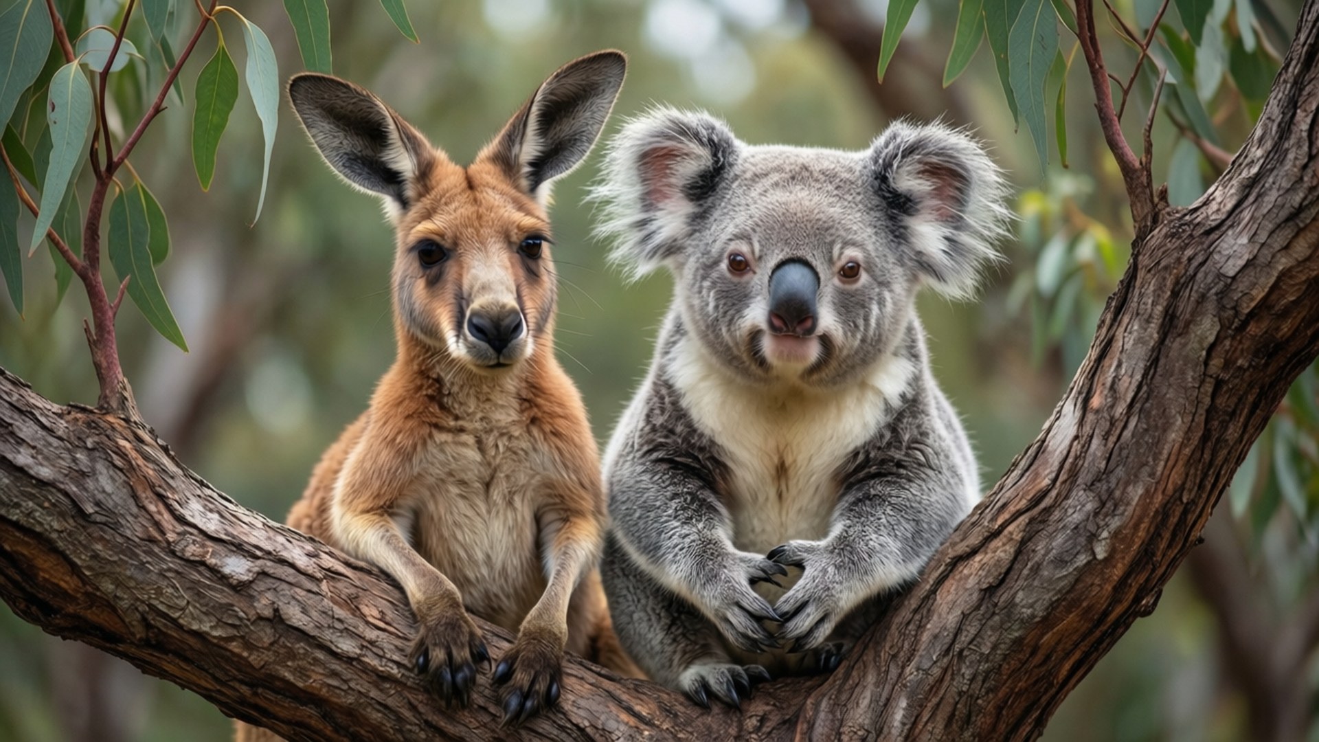 kangaroo, koala, tree branch, Full HD Desktop Wallpaper