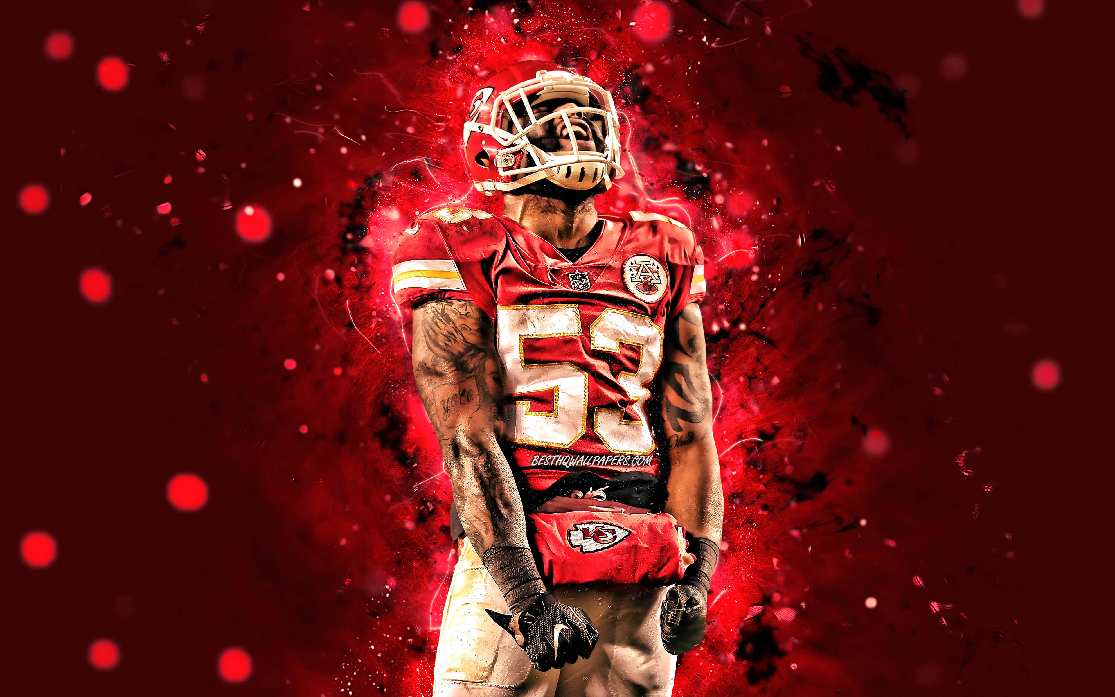 Kansas City Chiefs, red jersey number 52, dynamic red splatter background, 4K Desktop Wallpaper
