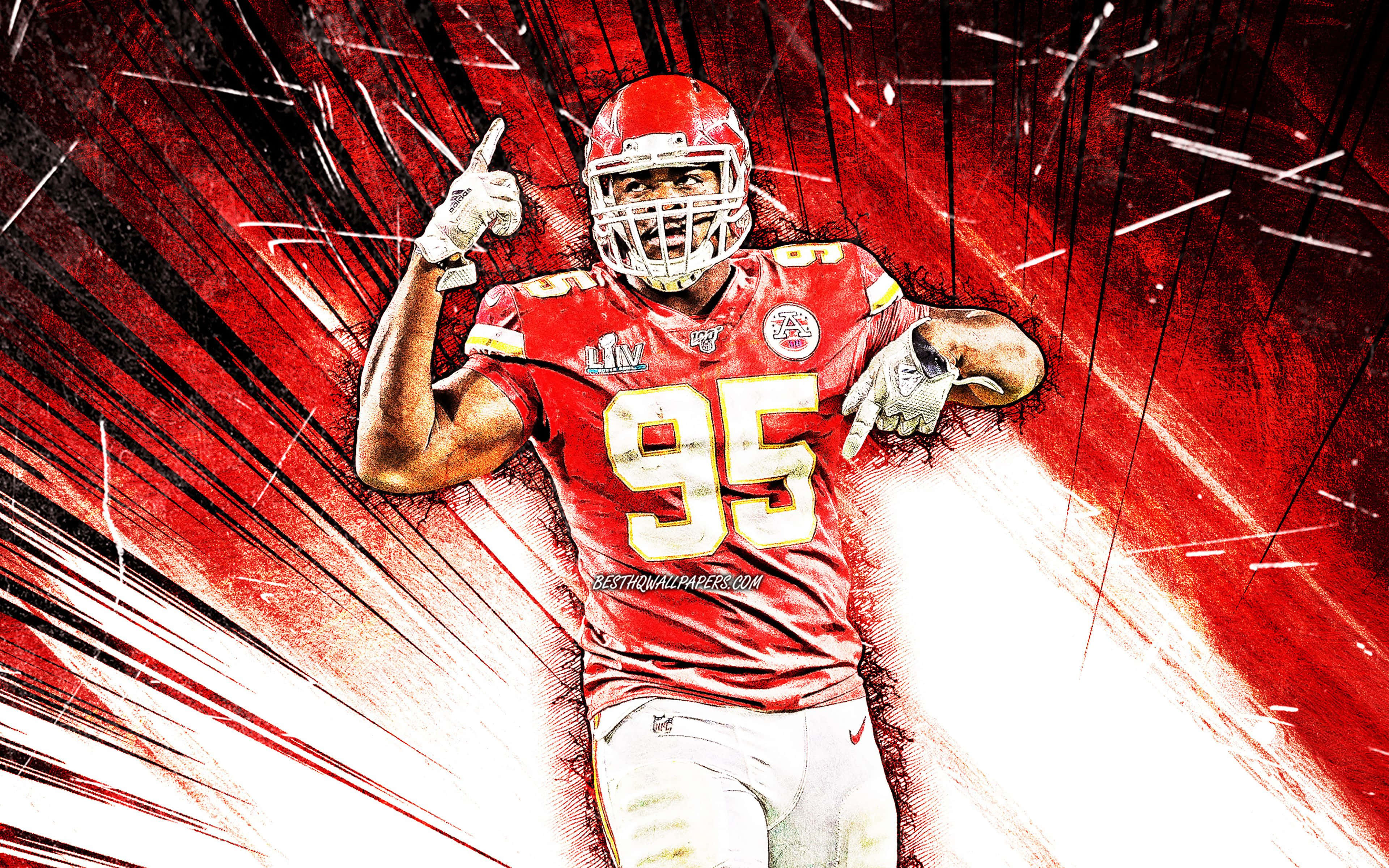 Kansas City Chiefs, red jersey number 95, streaked red and white background, 4K Desktop Wallpaper