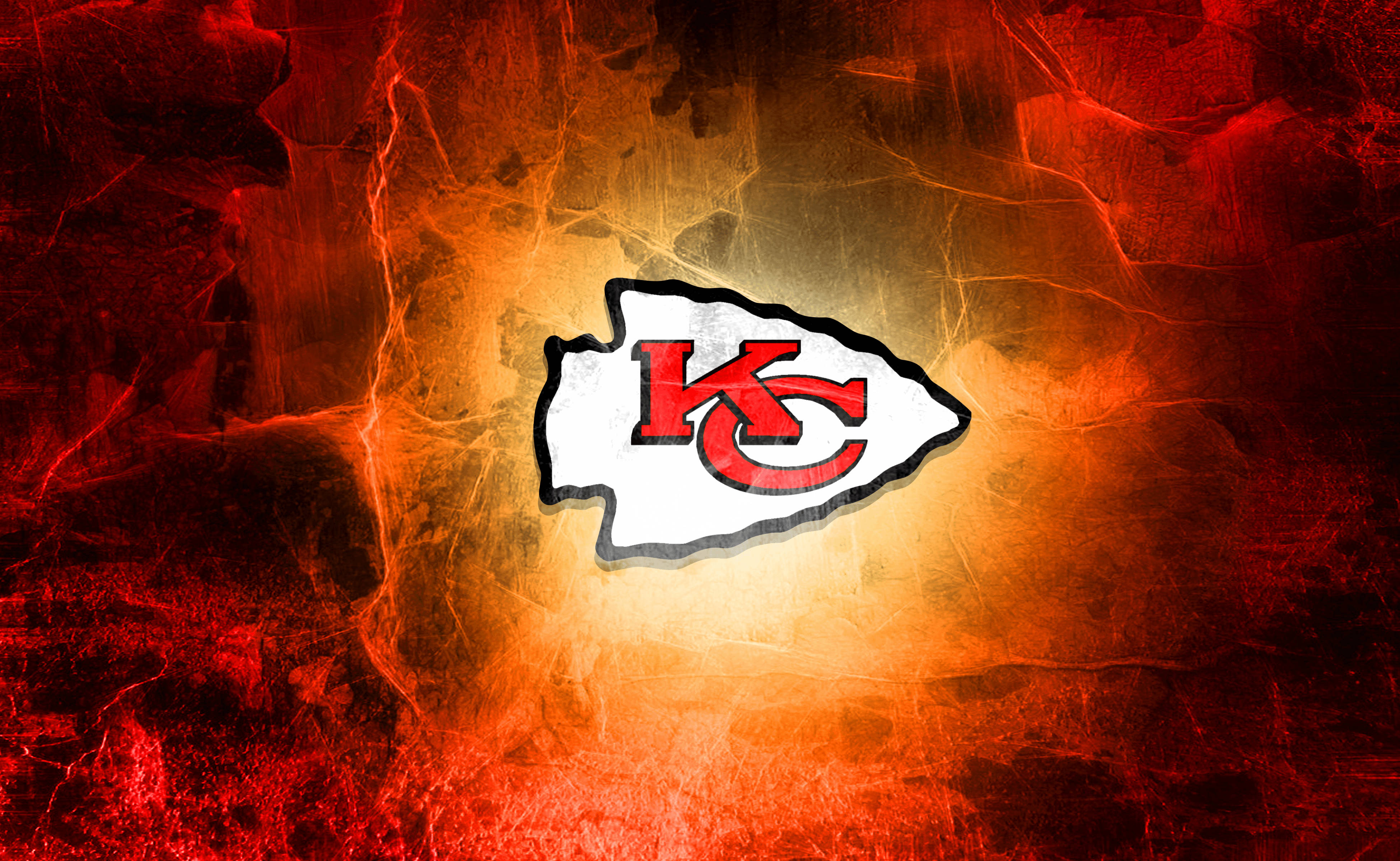 Kansas City Chiefs, glowing Kansas City Chiefs logo, fiery red and orange textured background, 4K Desktop Wallpaper