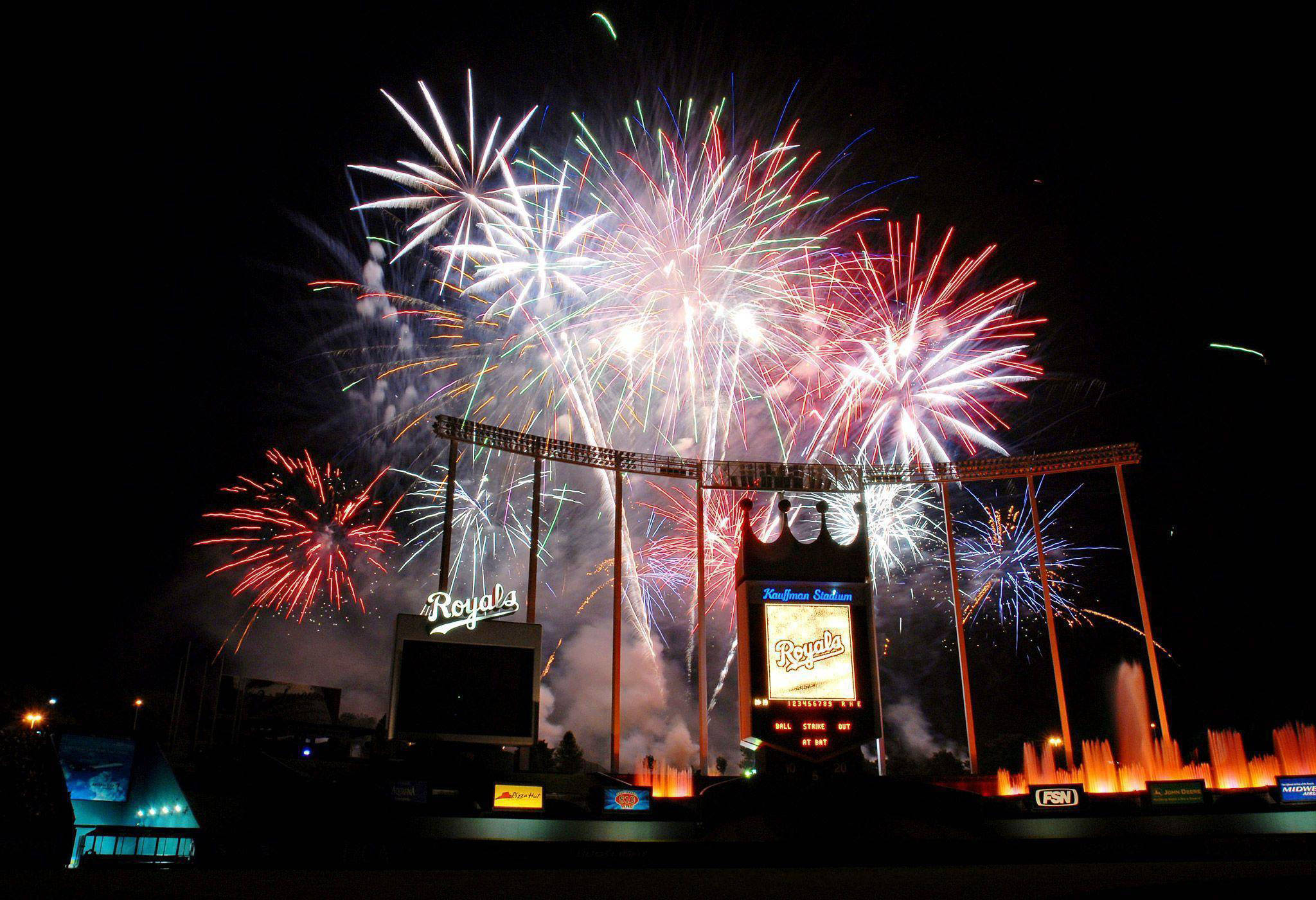 Kansas City Royals, fireworks, baseball stadium, Full HD Desktop Wallpaper