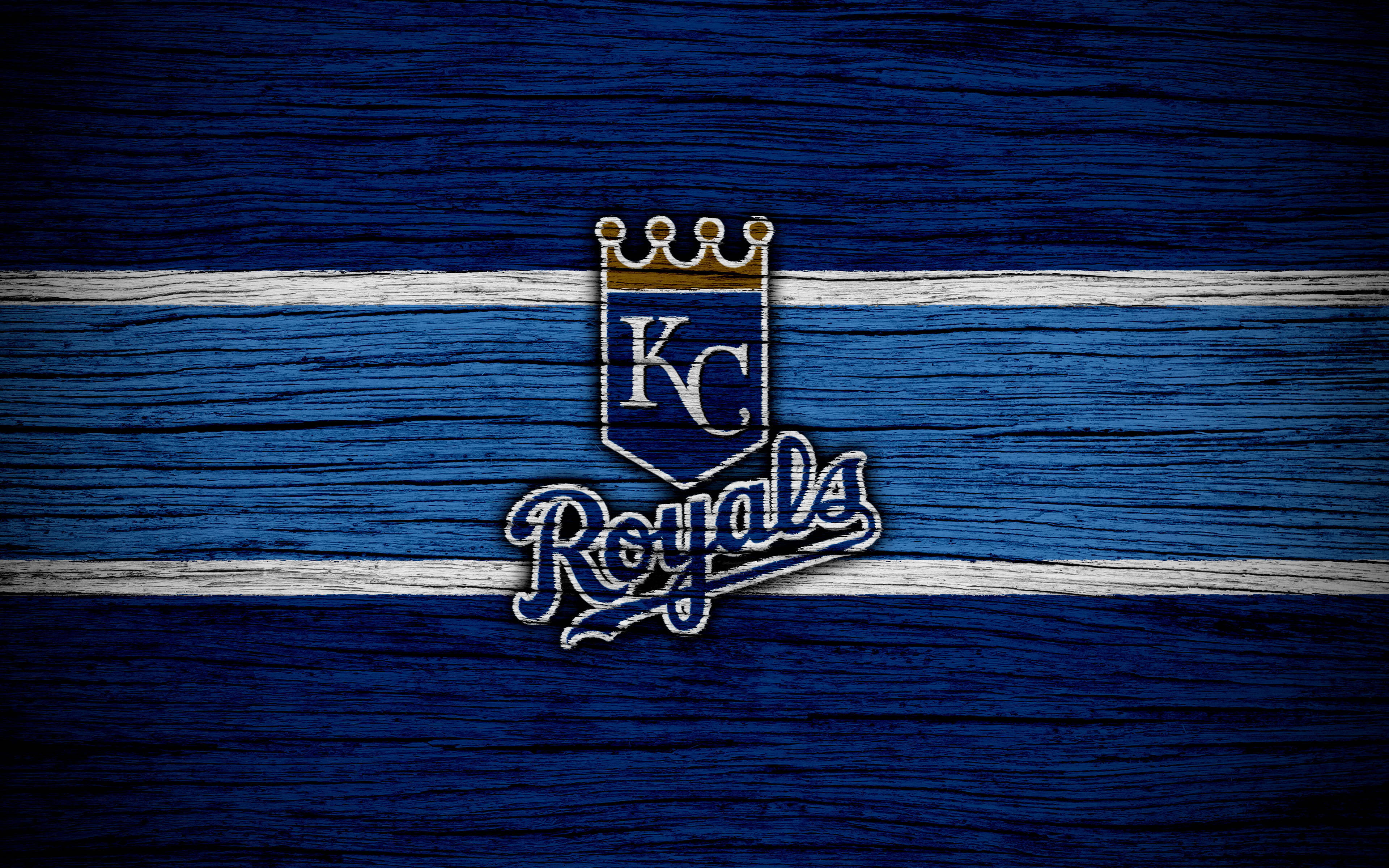 Kansas City Royals, logo, textured blue wooden background, 4K Desktop Wallpaper