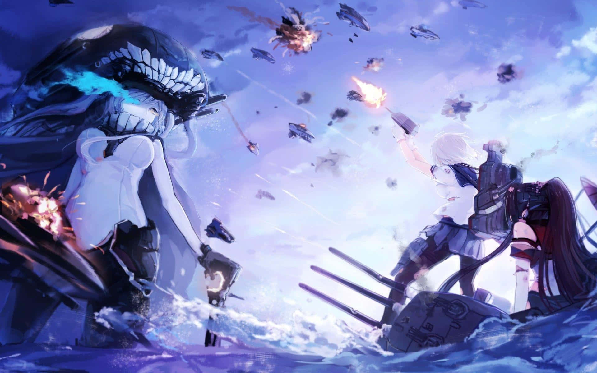 Kantai Collection, anime girls, giant alien warship, Full HD Desktop Wallpaper