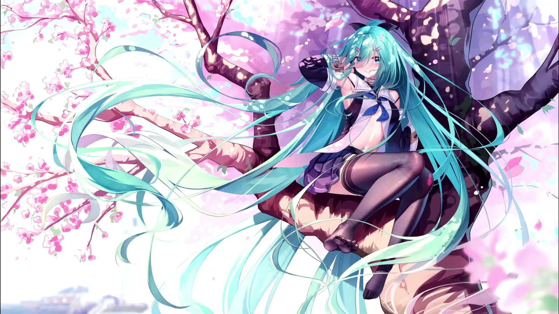 Kantai Collection, turquoise hair, cherry blossom tree, Full HD Desktop Wallpaper