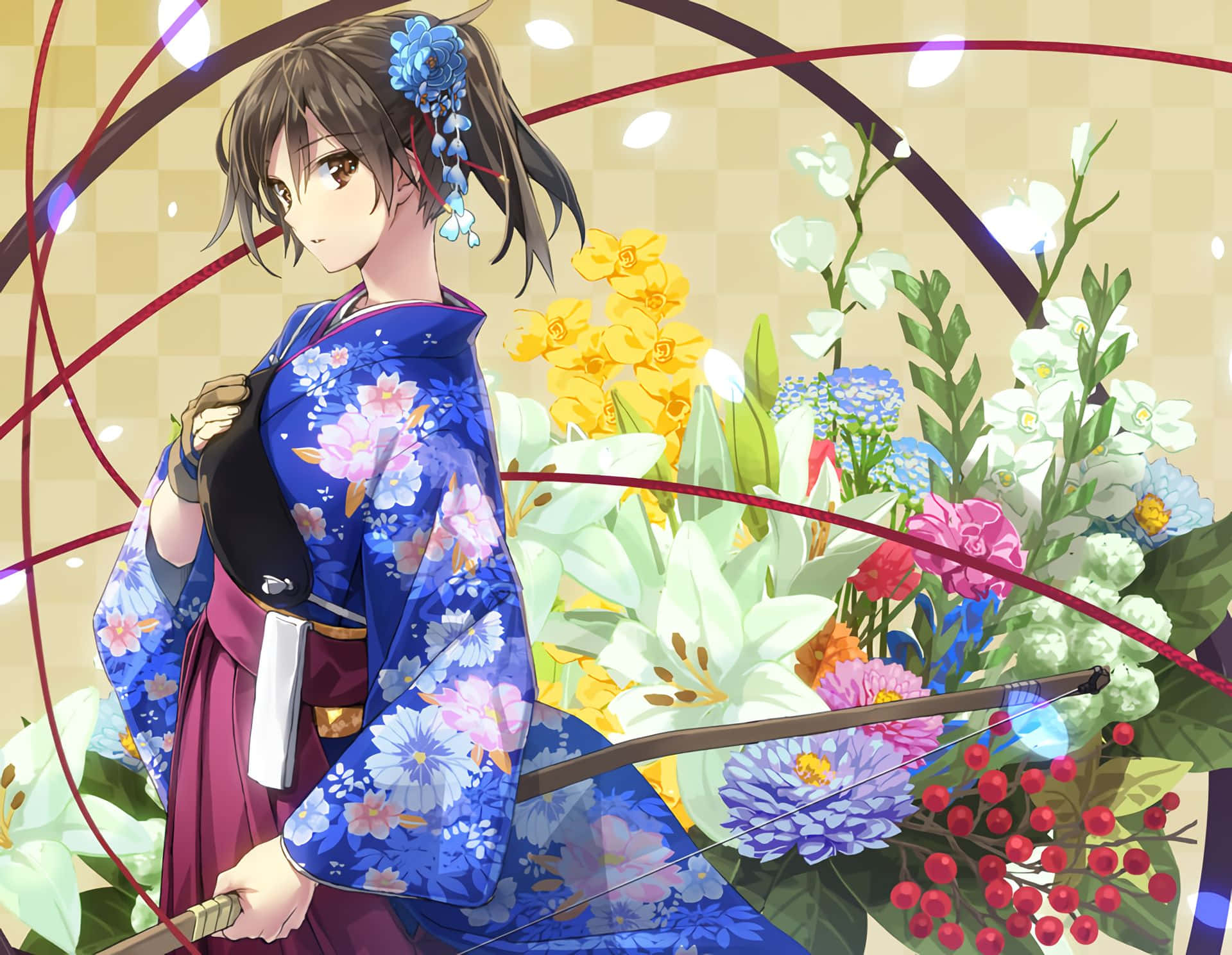 Kantai Collection, anime girl, blue floral kimono, Full HD Desktop Wallpaper