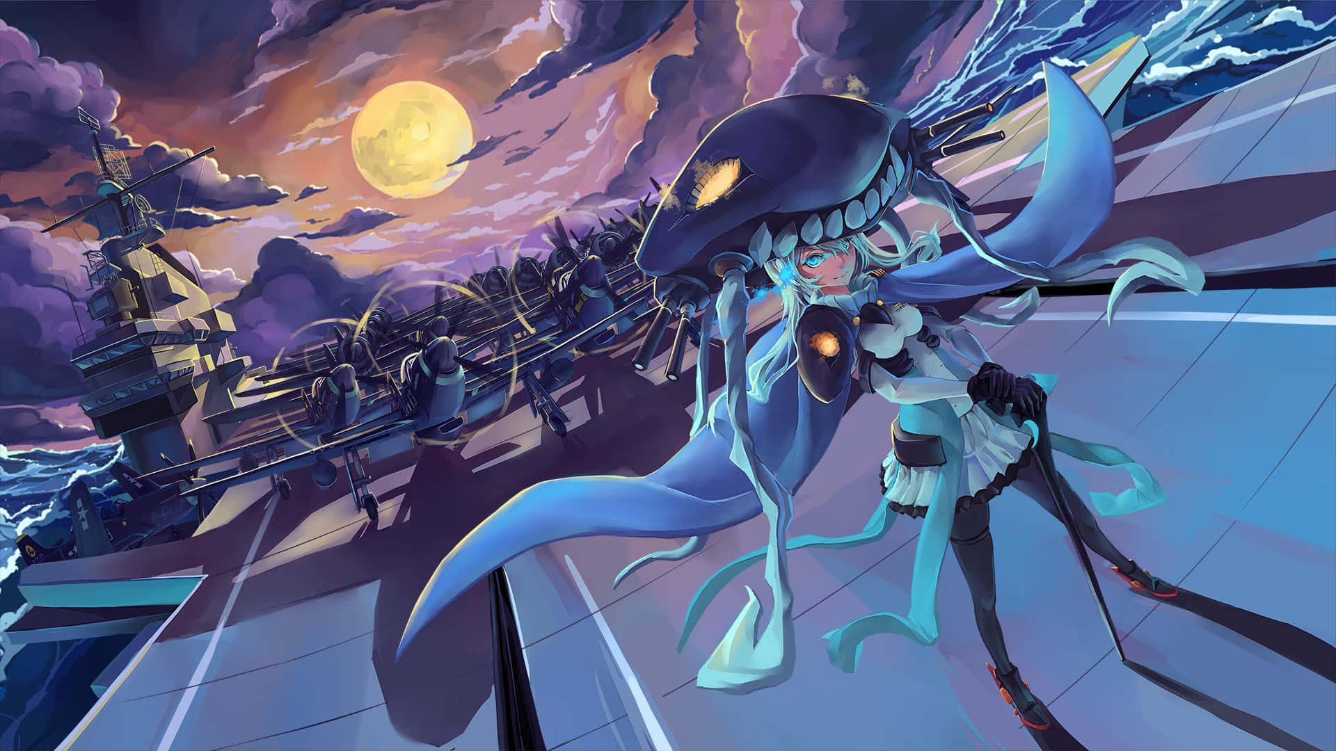 Kantai Collection, blue-haired anime girl, shark helmet, Full HD Desktop Wallpaper