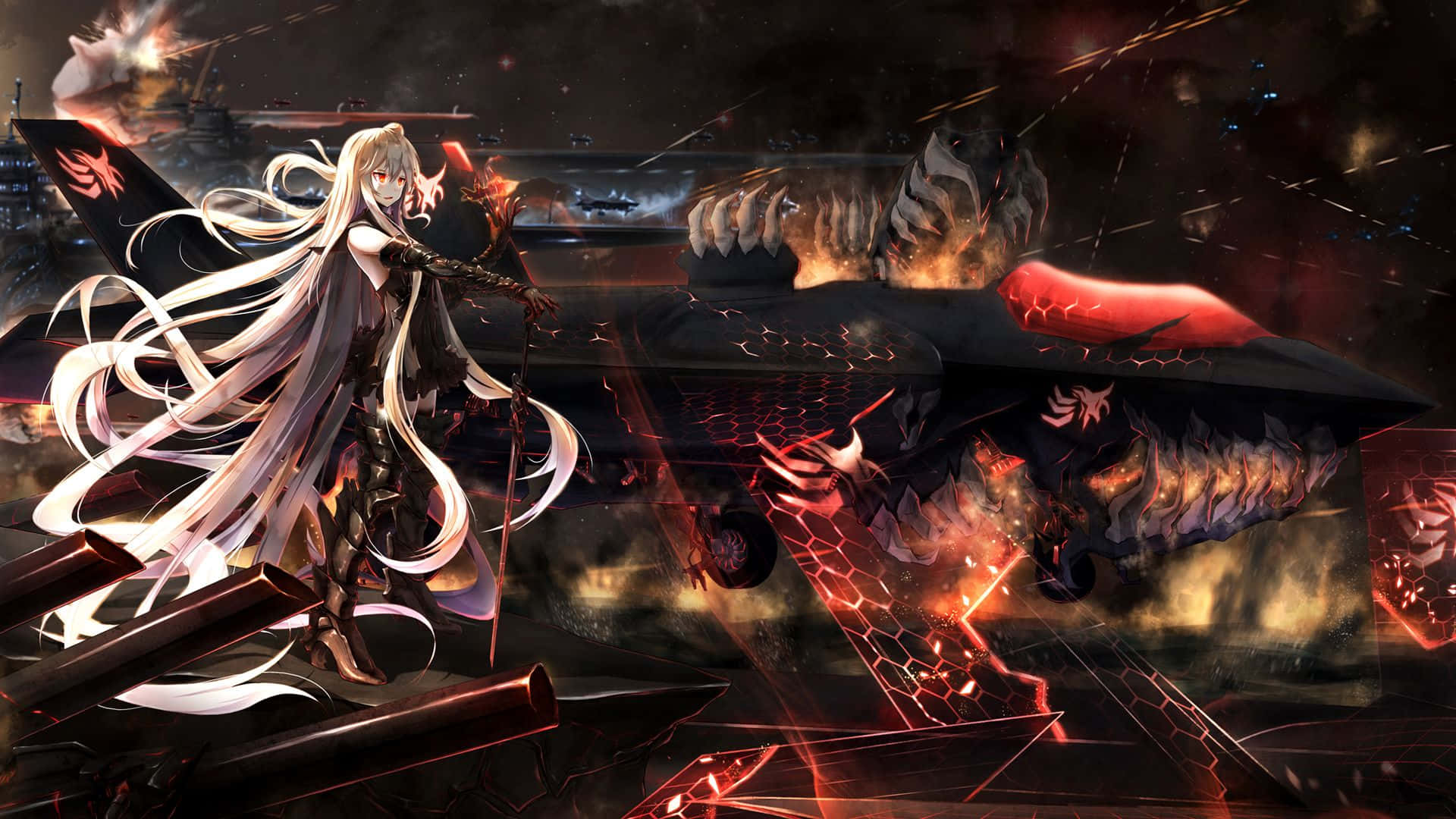 Kantai Collection, anime warrior, monstrous demonic aircraft, Full HD Desktop Wallpaper
