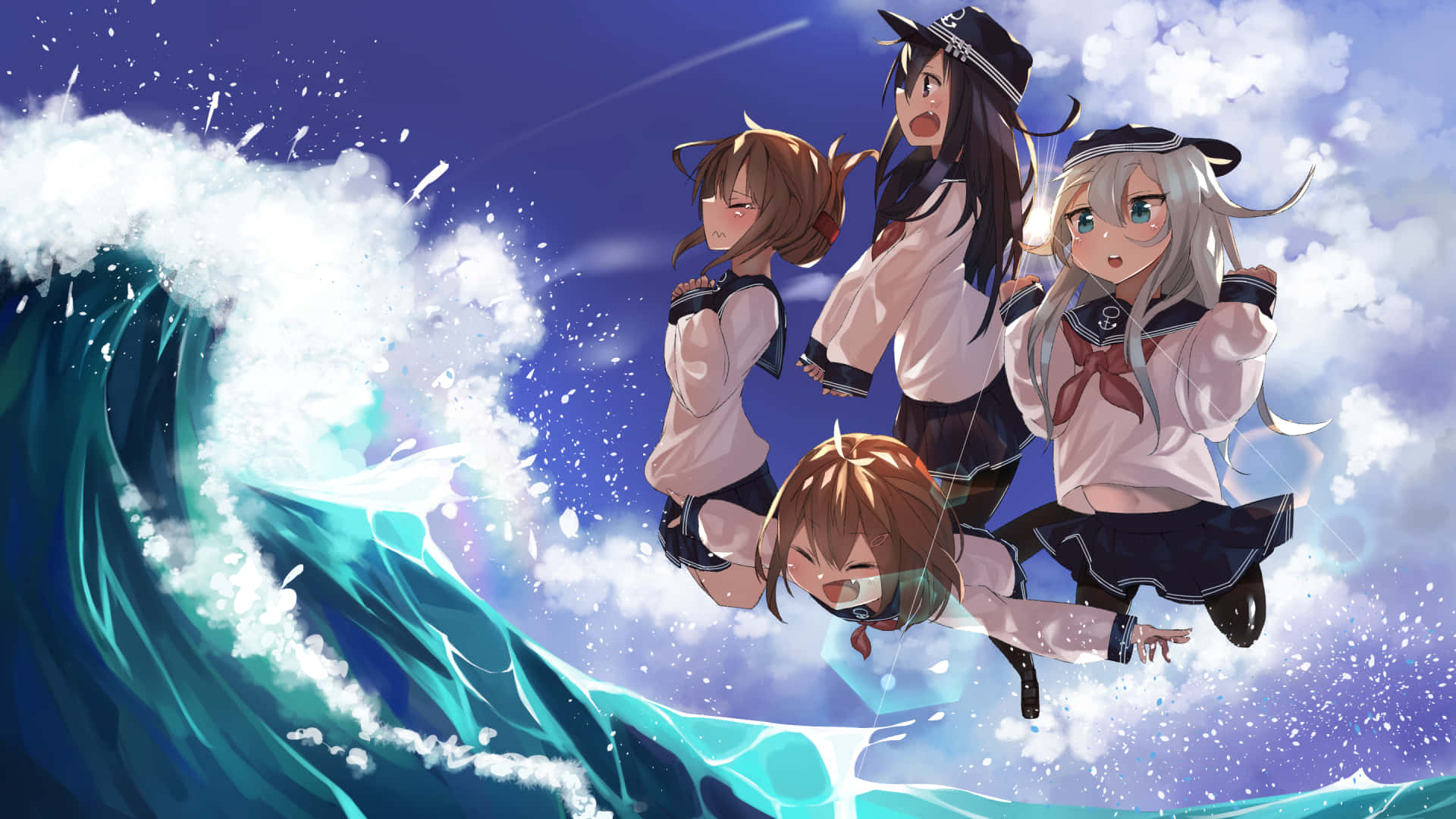 Kantai Collection, sailor uniforms, massive crashing wave, Full HD Desktop Wallpaper