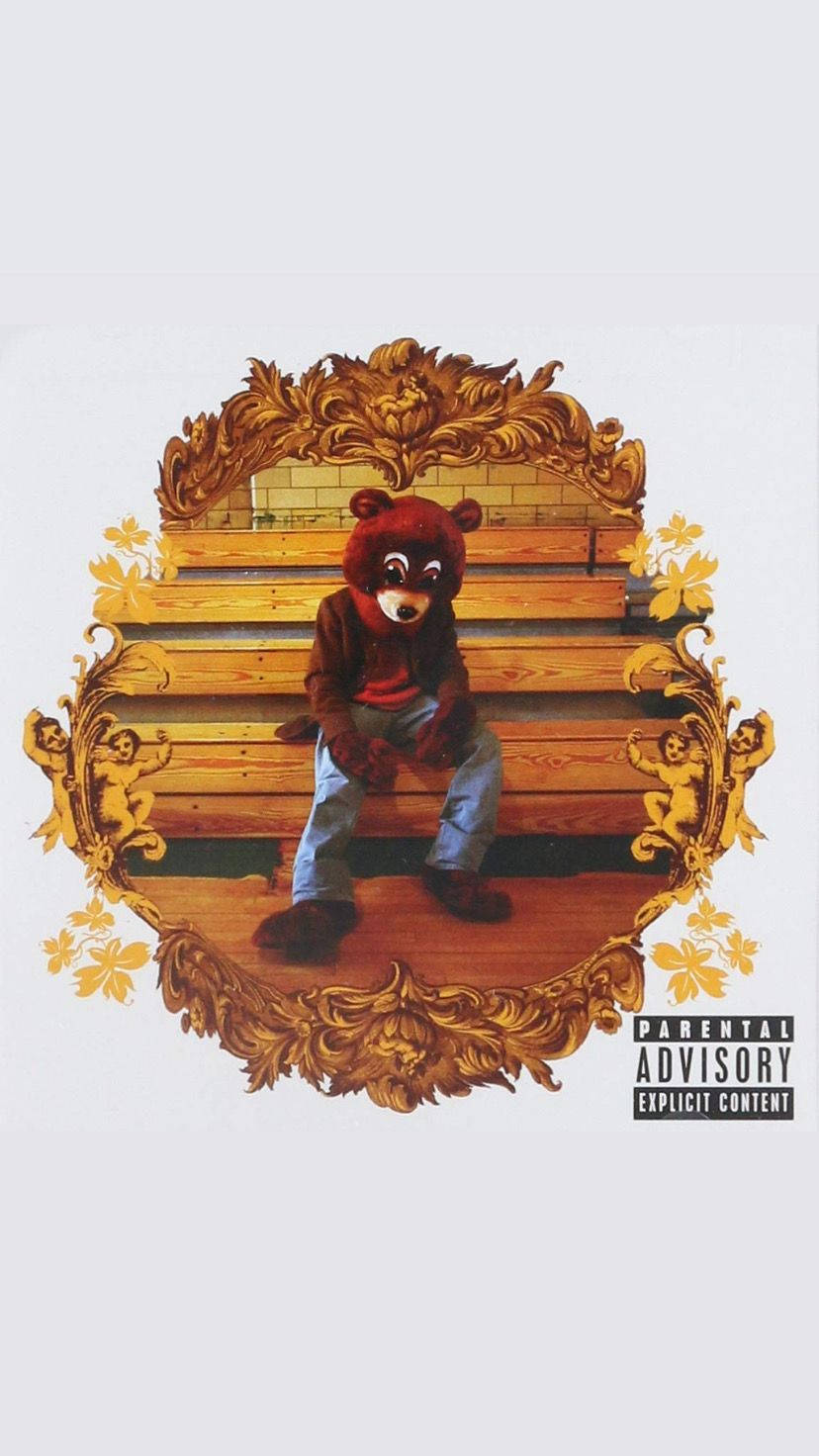 Kanye West Album Cover, red furry bear mascot, ornate golden steps, HD Phone Wallpaper
