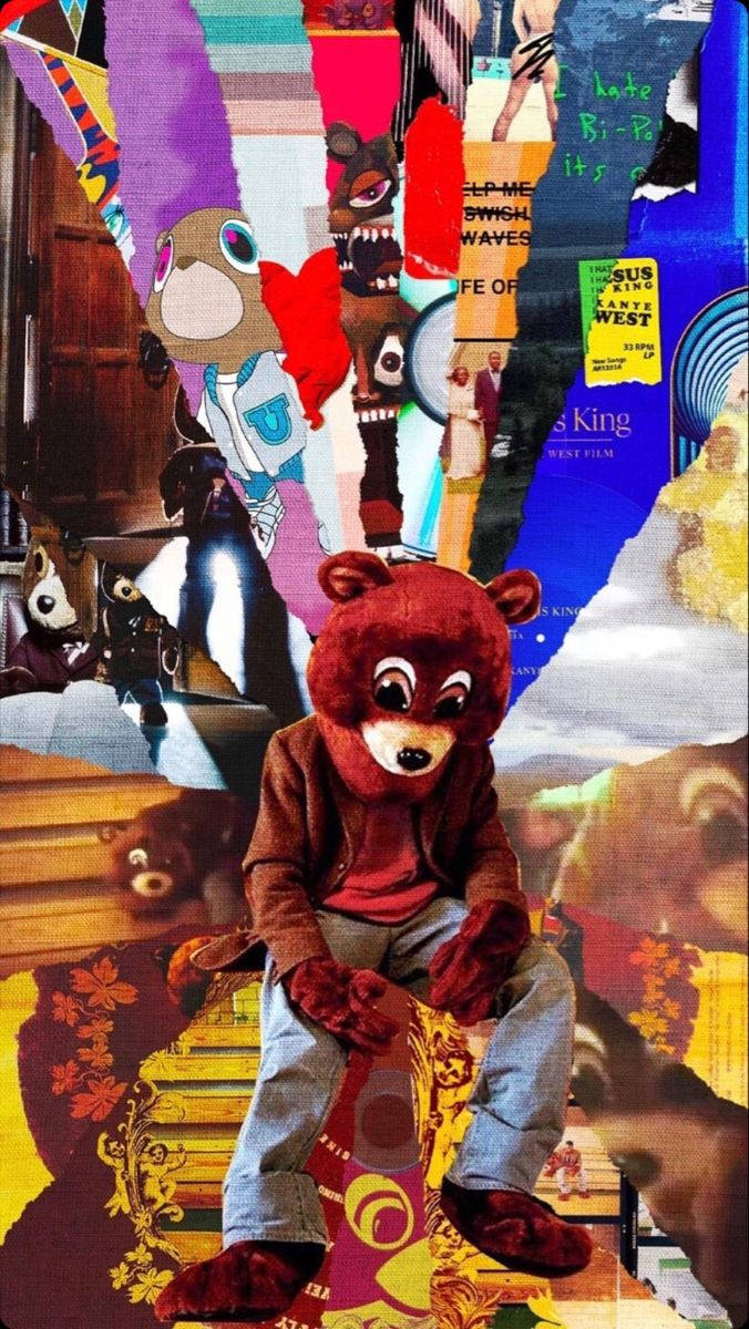 Kanye West, album cover, red furry bear mascot, SD Phone Wallpaper