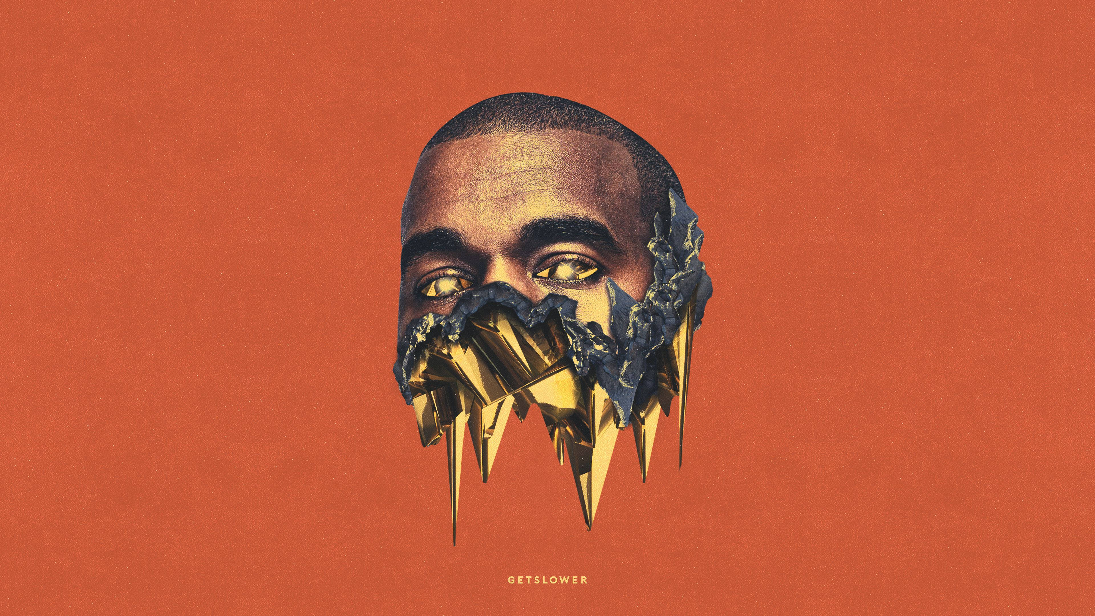 Kanye West Album Cover, golden crystalline shards, orange background, 4K Desktop Wallpaper