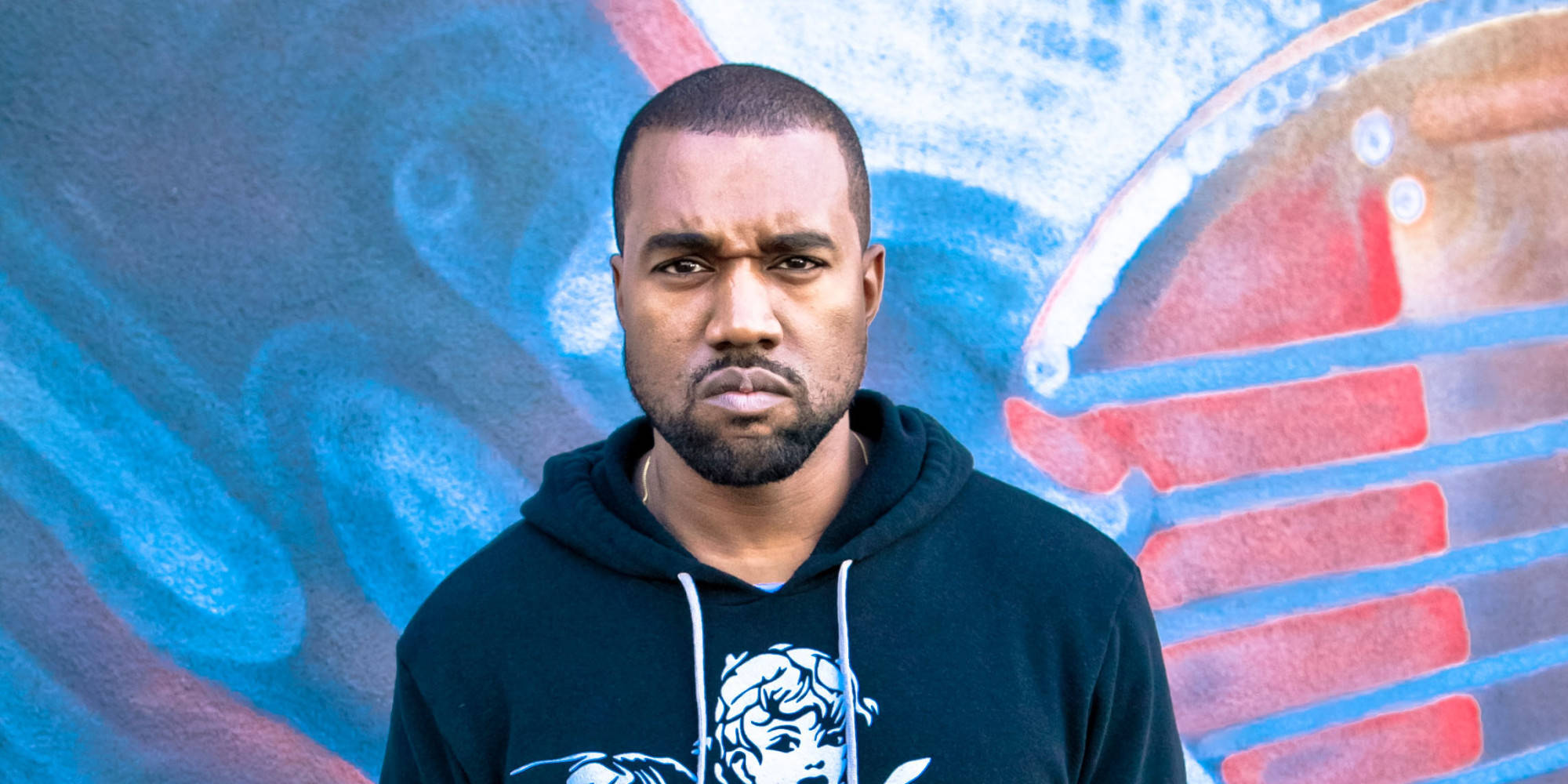 Kanye West, black hoodie, vibrant blue and red graffiti wall, Full HD Desktop Wallpaper