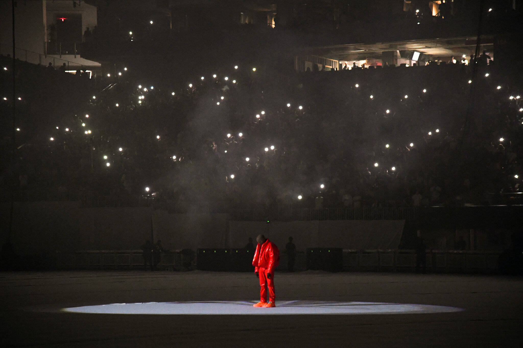 Kanye West Donda, bright red suit, lit stage, Full HD Desktop Wallpaper