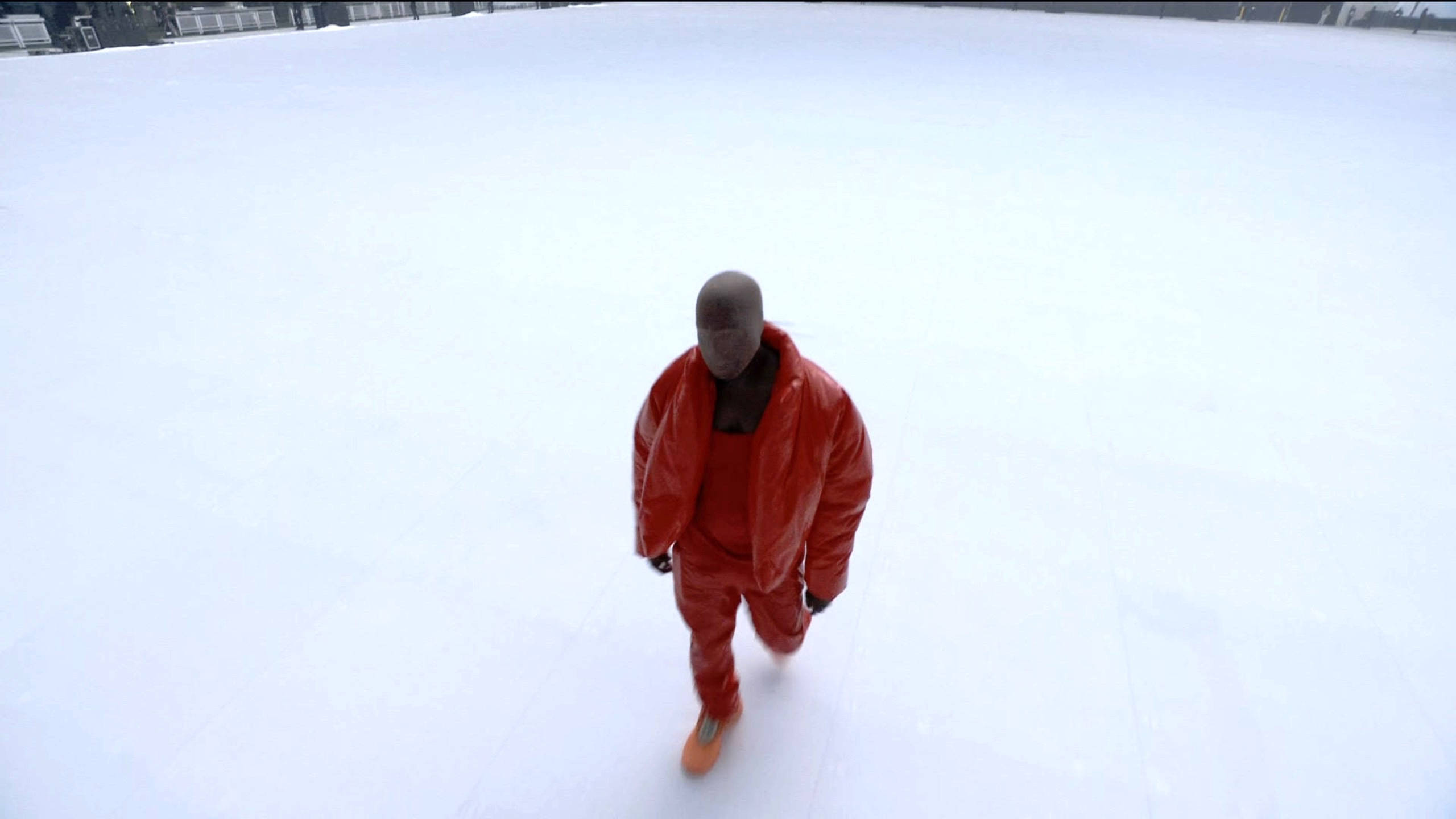 Kanye West Donda, bright red snowsuit, vast snowy expanse, 2K Desktop Wallpaper