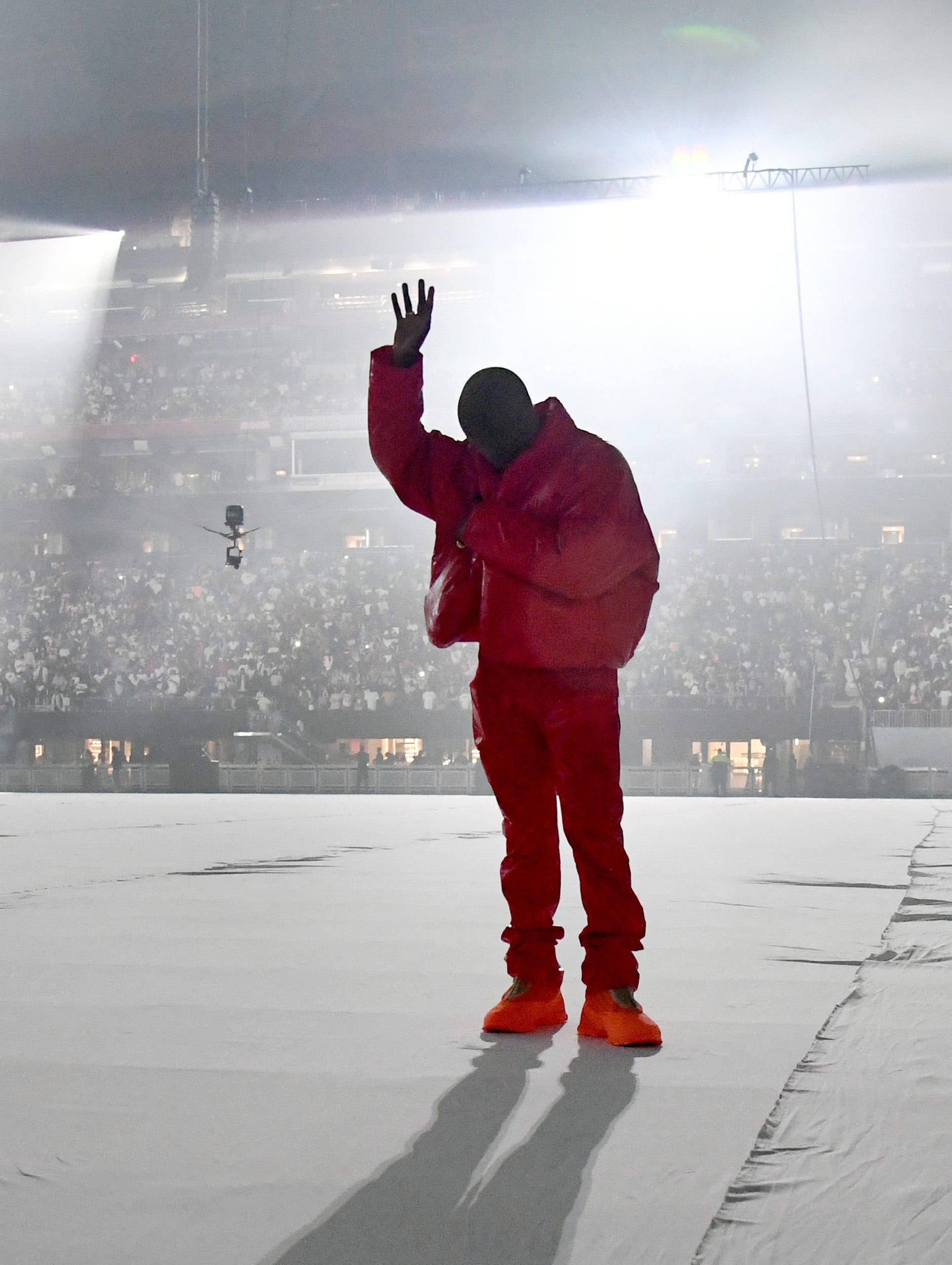 Kanye West Donda, red outfit, stadium lights, Full HD Phone Wallpaper