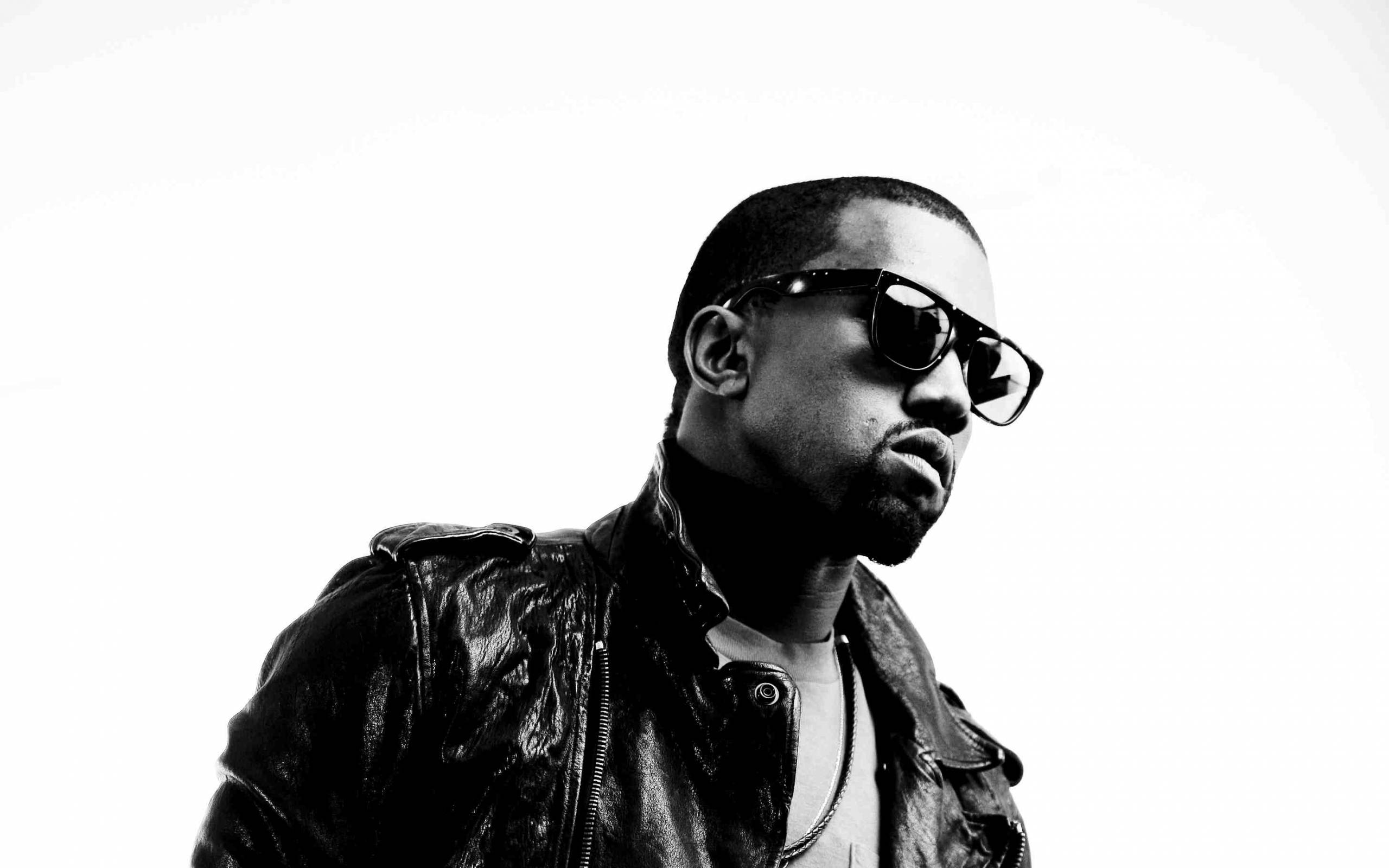 Kanye West, black and white portrait, leather jacket, 2K Desktop Wallpaper