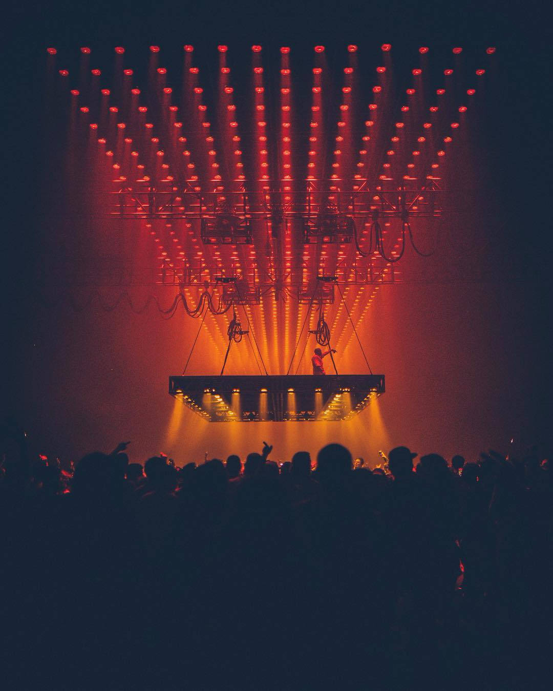 Kanye West Saint Pablo, suspended stage, intense red and orange lights, HD Phone Wallpaper