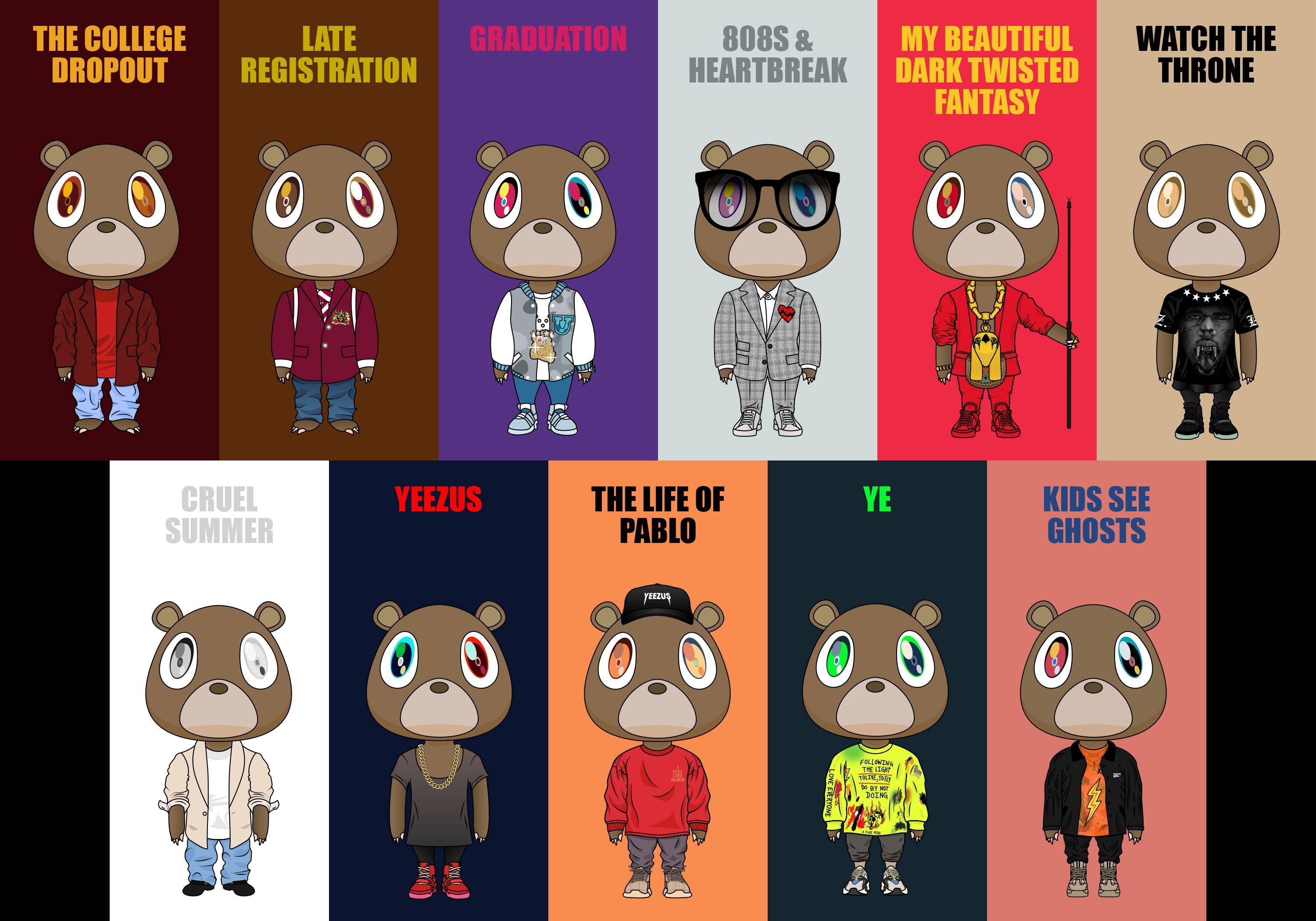 Kanye West, bear, album names, 2K Desktop Wallpaper