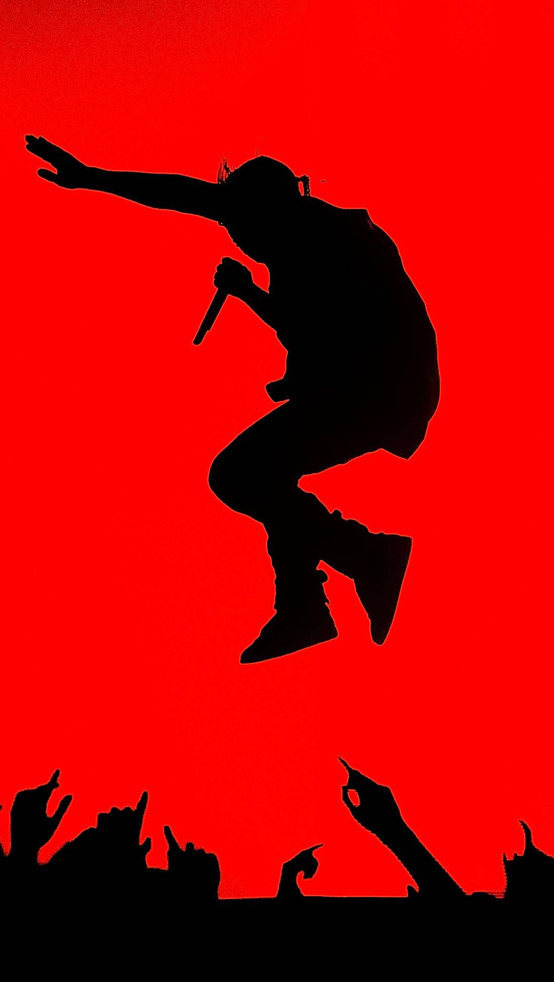 Kanye West, red jump silhouette, mic, Full HD Phone Wallpaper