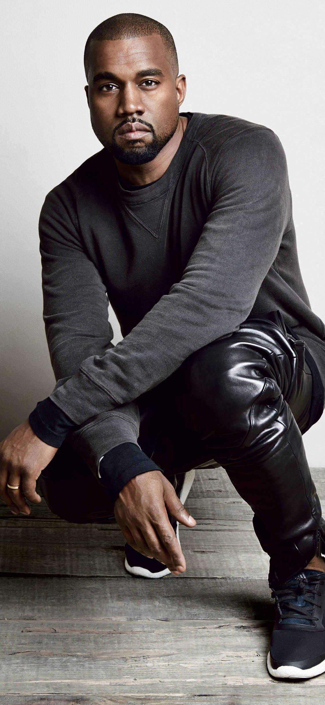Kanye West, dark grey sweatshirt, shiny black pants, Full HD Phone Wallpaper