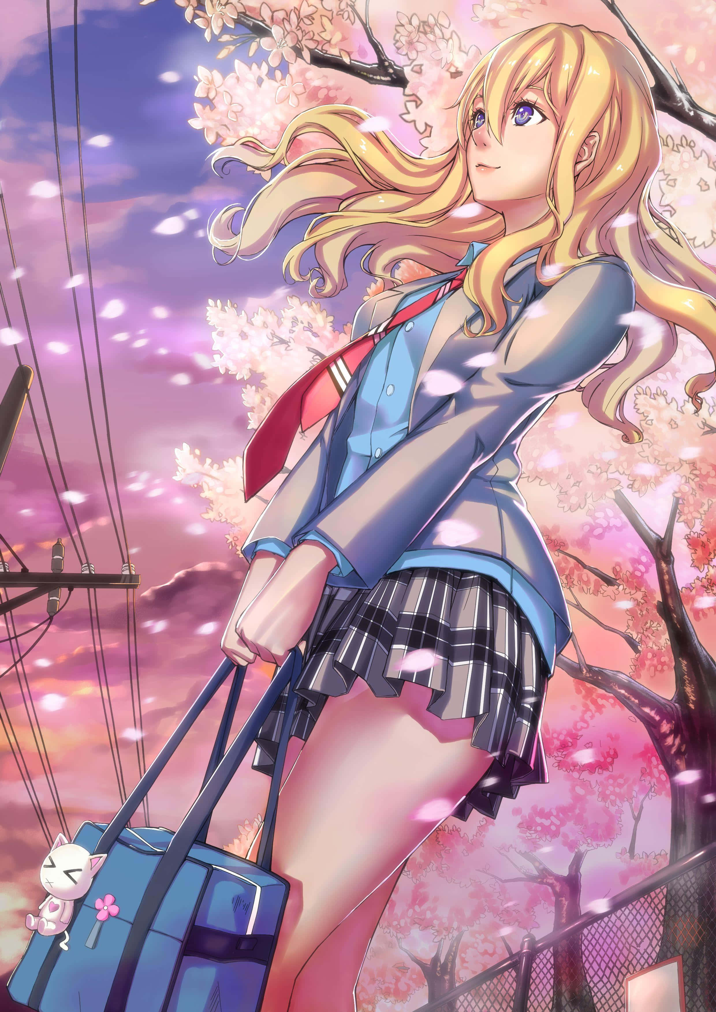 Kaori Miyazono, blonde anime girl, school uniform, 2K Phone Wallpaper